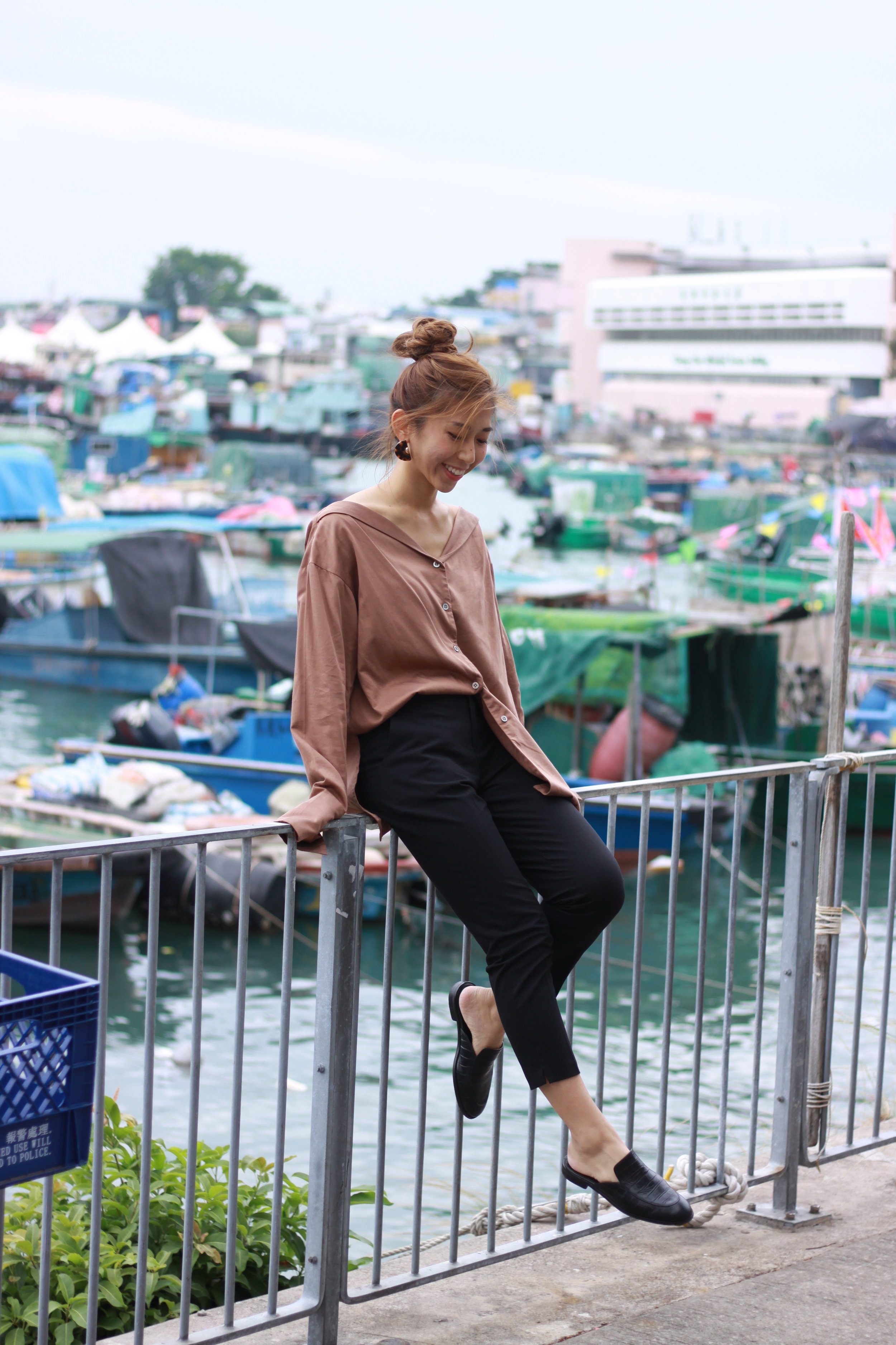 StudioDoe brown shirt/ Cropped pants from YesStyle.com ($250) / Giordano Ladies leather slides