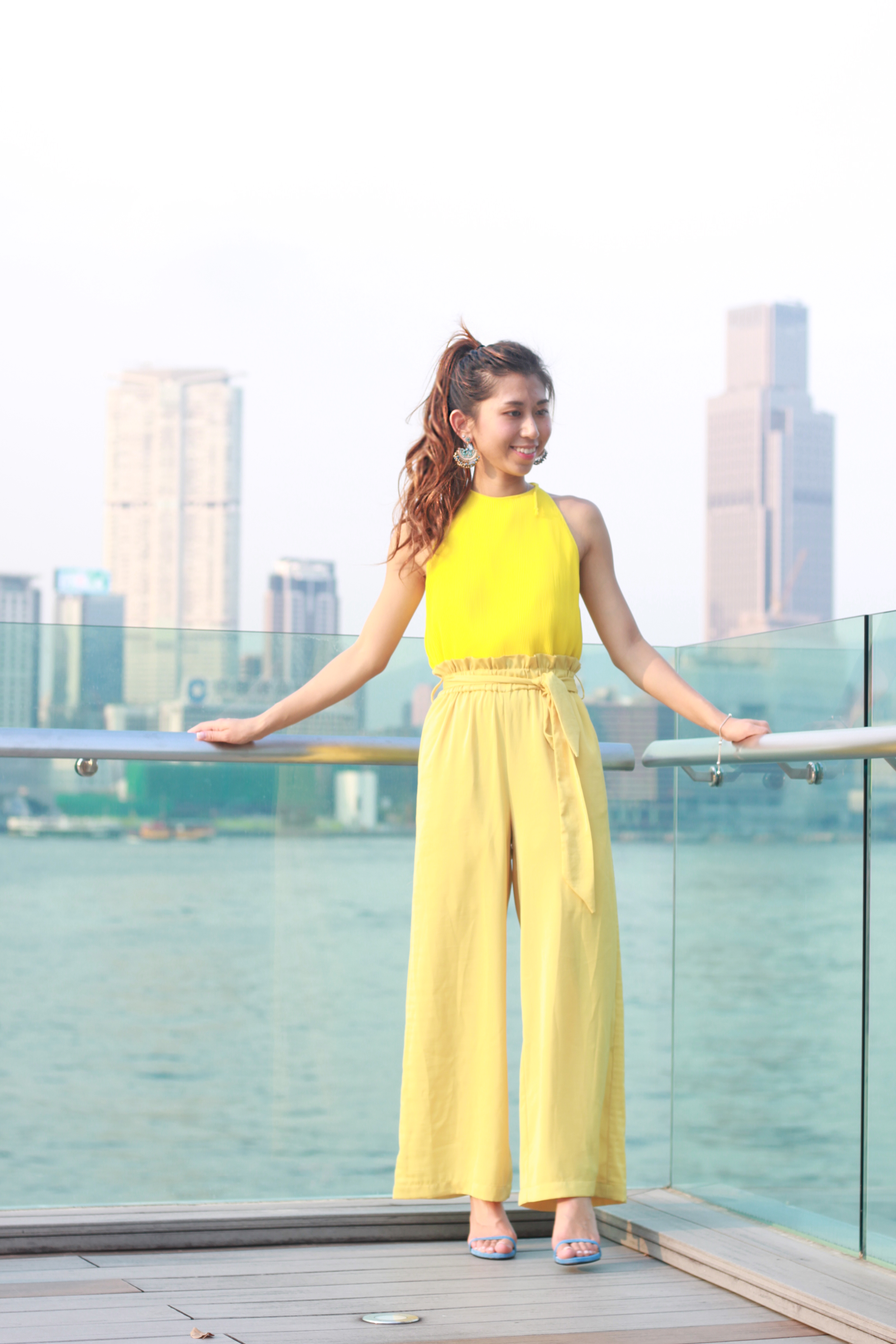 Mango yellow pleated dress / Mango yellow wide pants ($250) / Stuart Weitzman ‘nudist song’ colourblock suede sandals