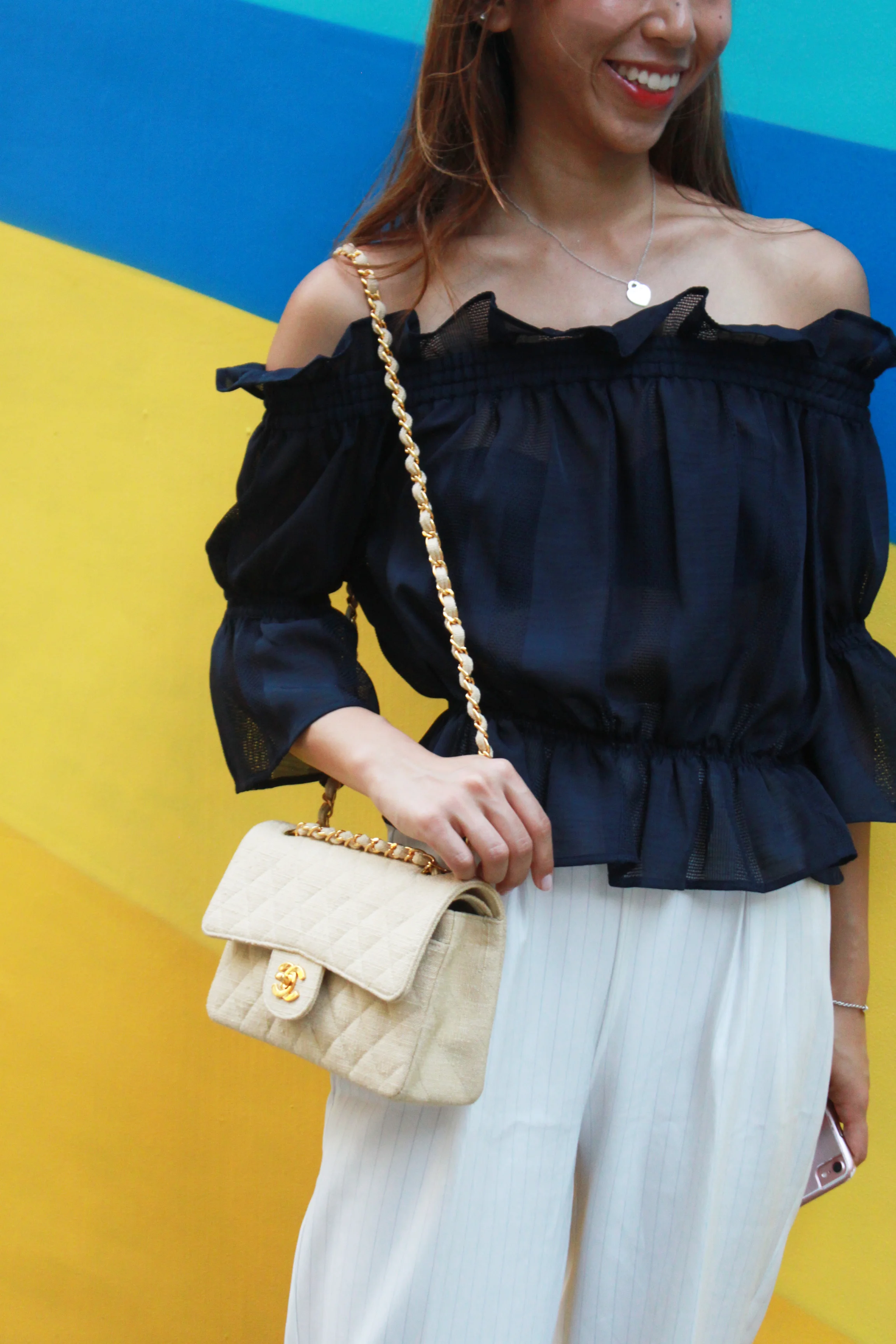 Jill Stuart offshoulder top / White pants from Japan / Chanel vintage / KG leopard pumps
