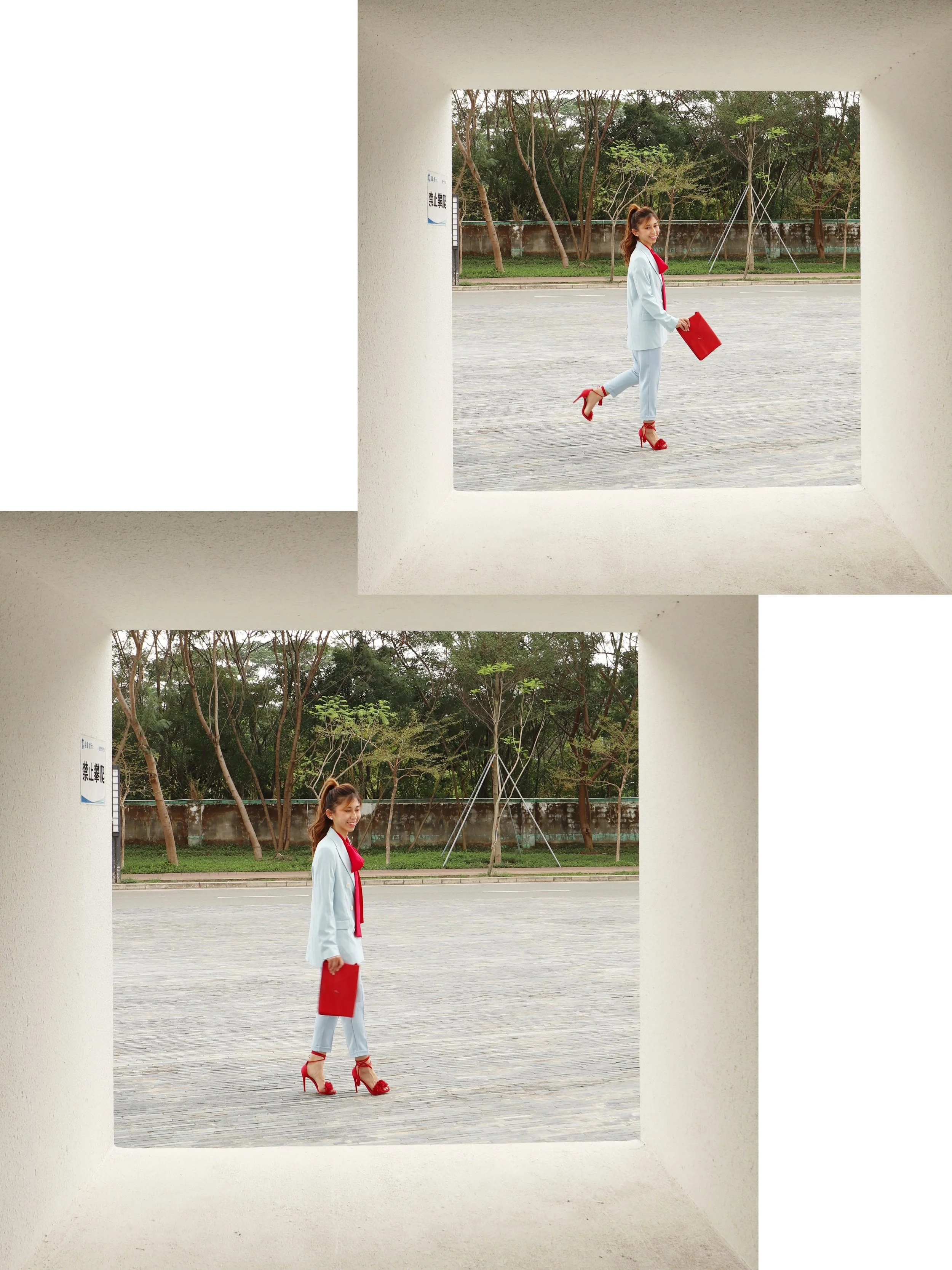 Racil lady tie-neck silk-crepe blouse (red) / Zara sky blue double breasted jacket / Blue pants from Taiwan / Steve Madden wrap sandals / Agnes b red clutch