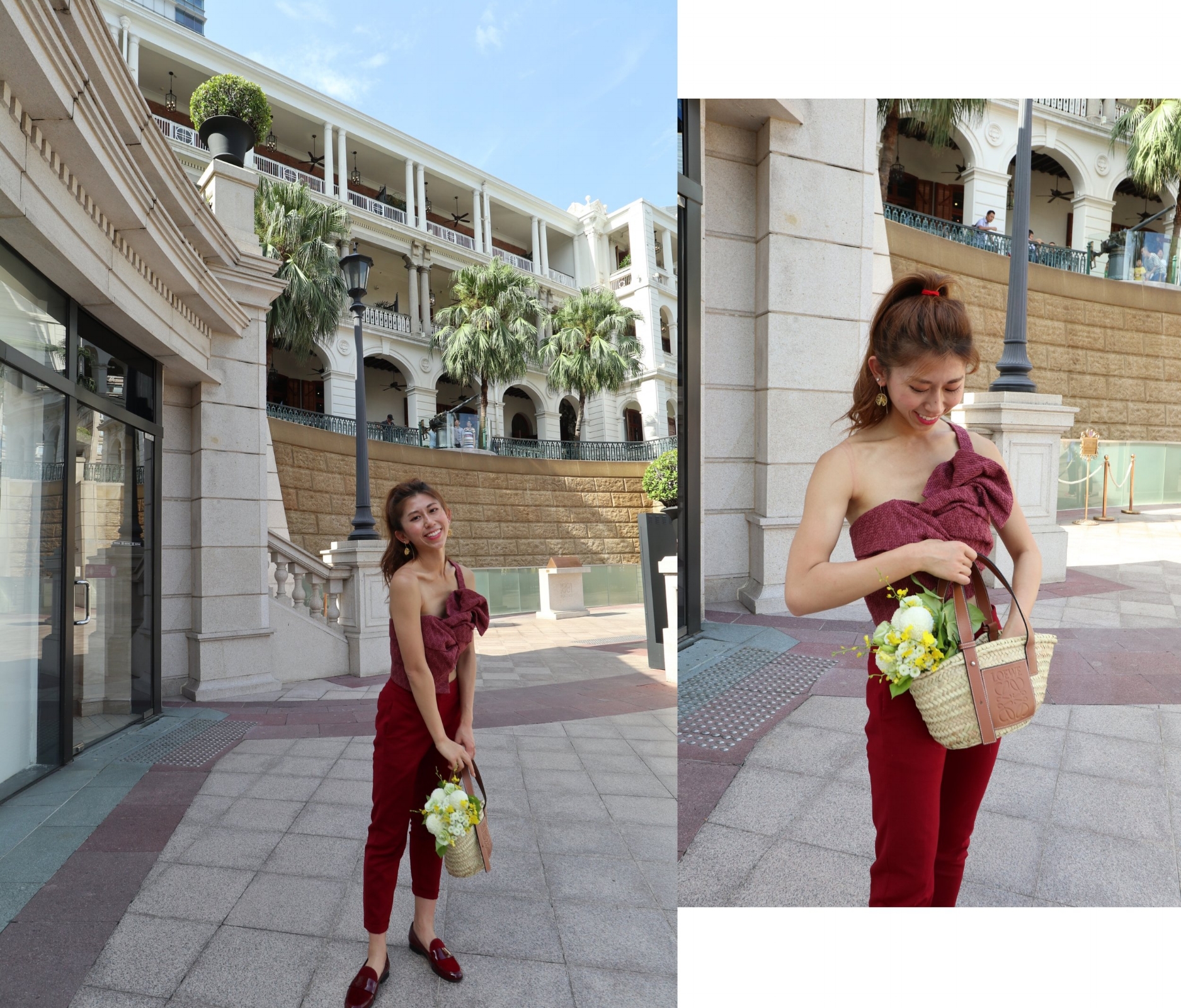 C/MEO Collective give you up bustier / Giordano red chino / Pennyblack varnish and horsehide moccasins / Loewe basket small bag