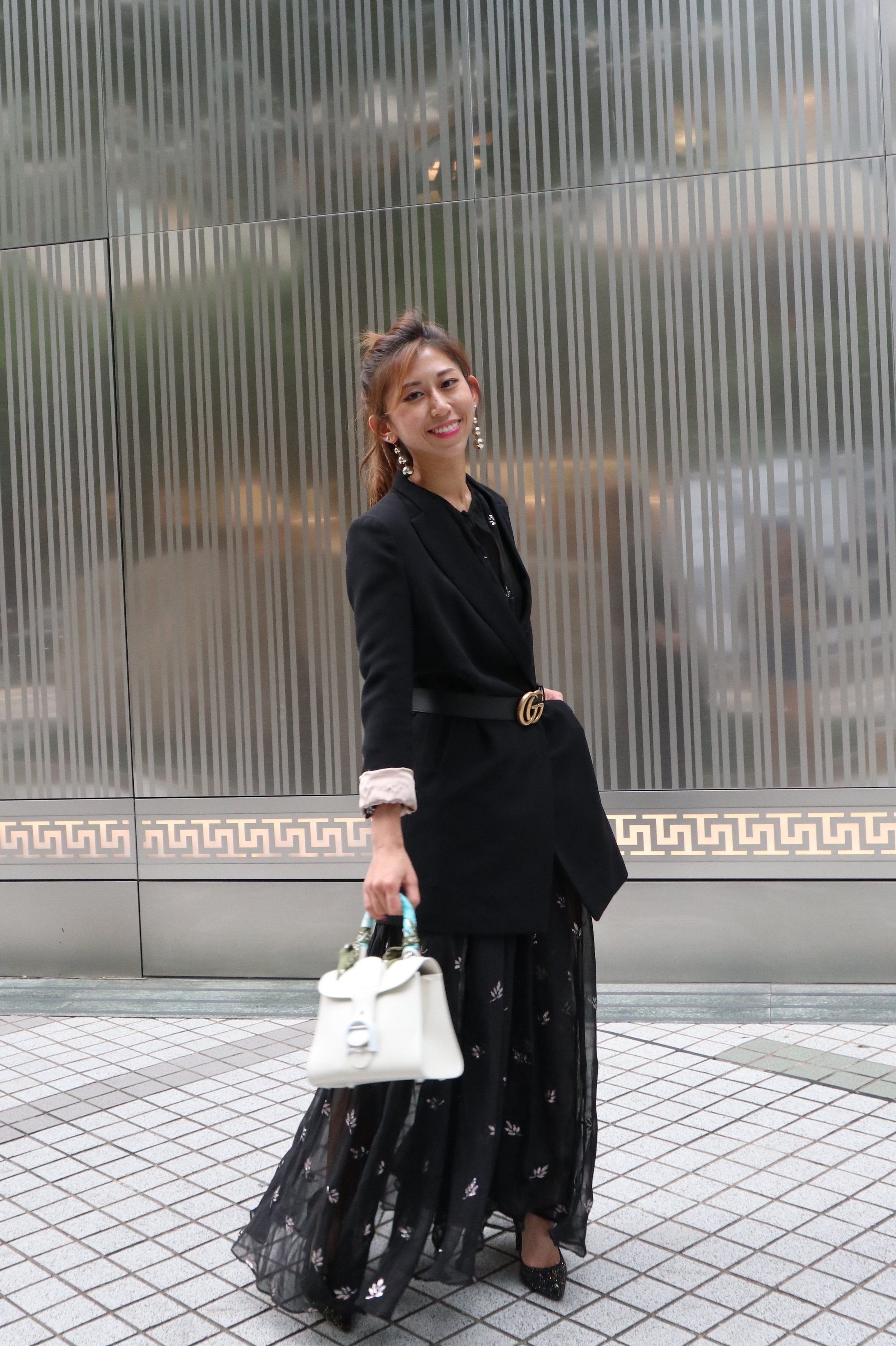 NastyGal maxi dress / Blazer from Korea / Delvaux ivory brillant mini / Gucci leather belt with double G buckle / Jimmy Choo Romy 100 (rainbow and black multi coarse glitter fabric)