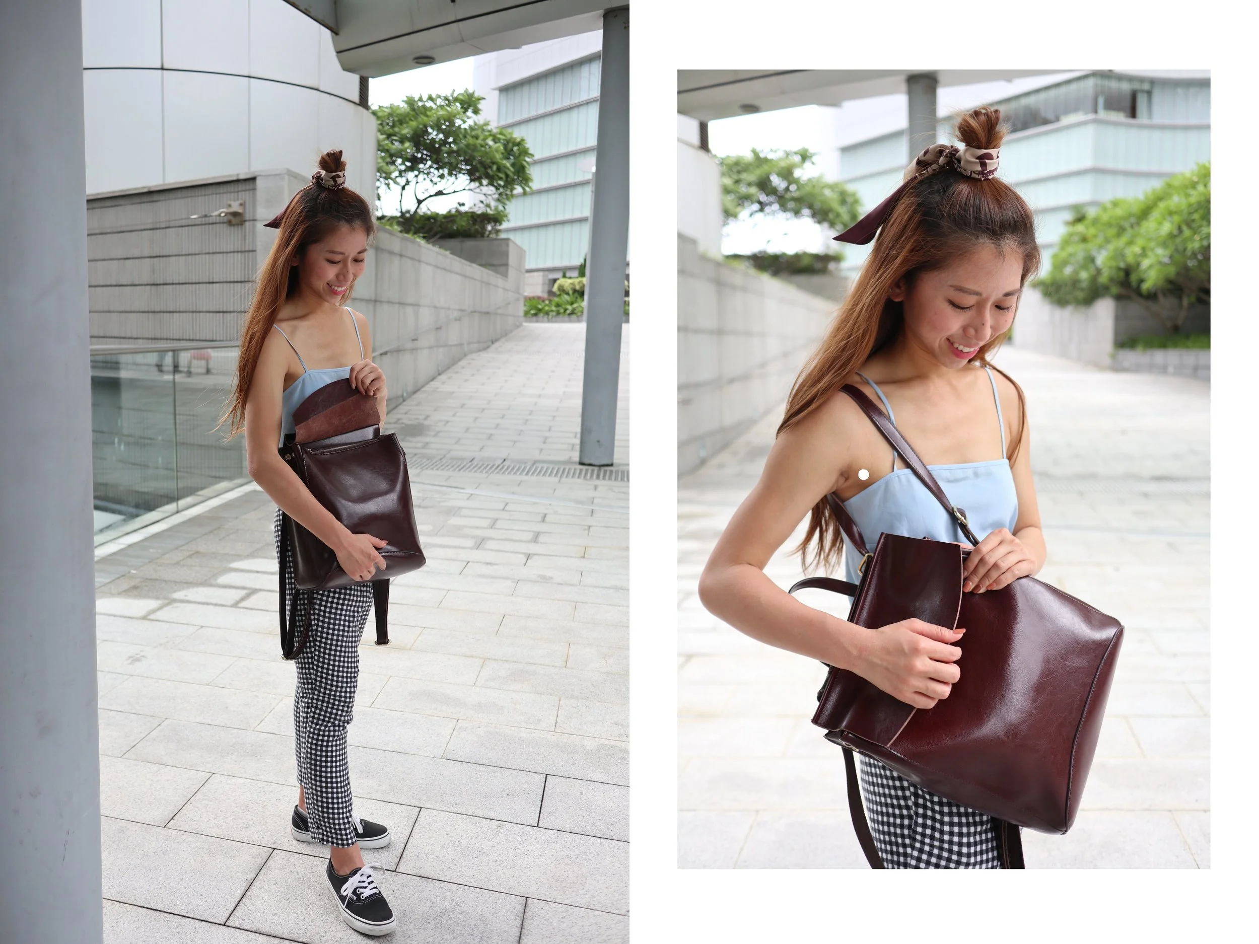 Racil Pumkin square-neck silk-crepe cami top / Fashmob checkered pants / VANS authentic shoes / Dior "TOILE OBLIQUE" burgundy mitzah scarf / Leather backpack