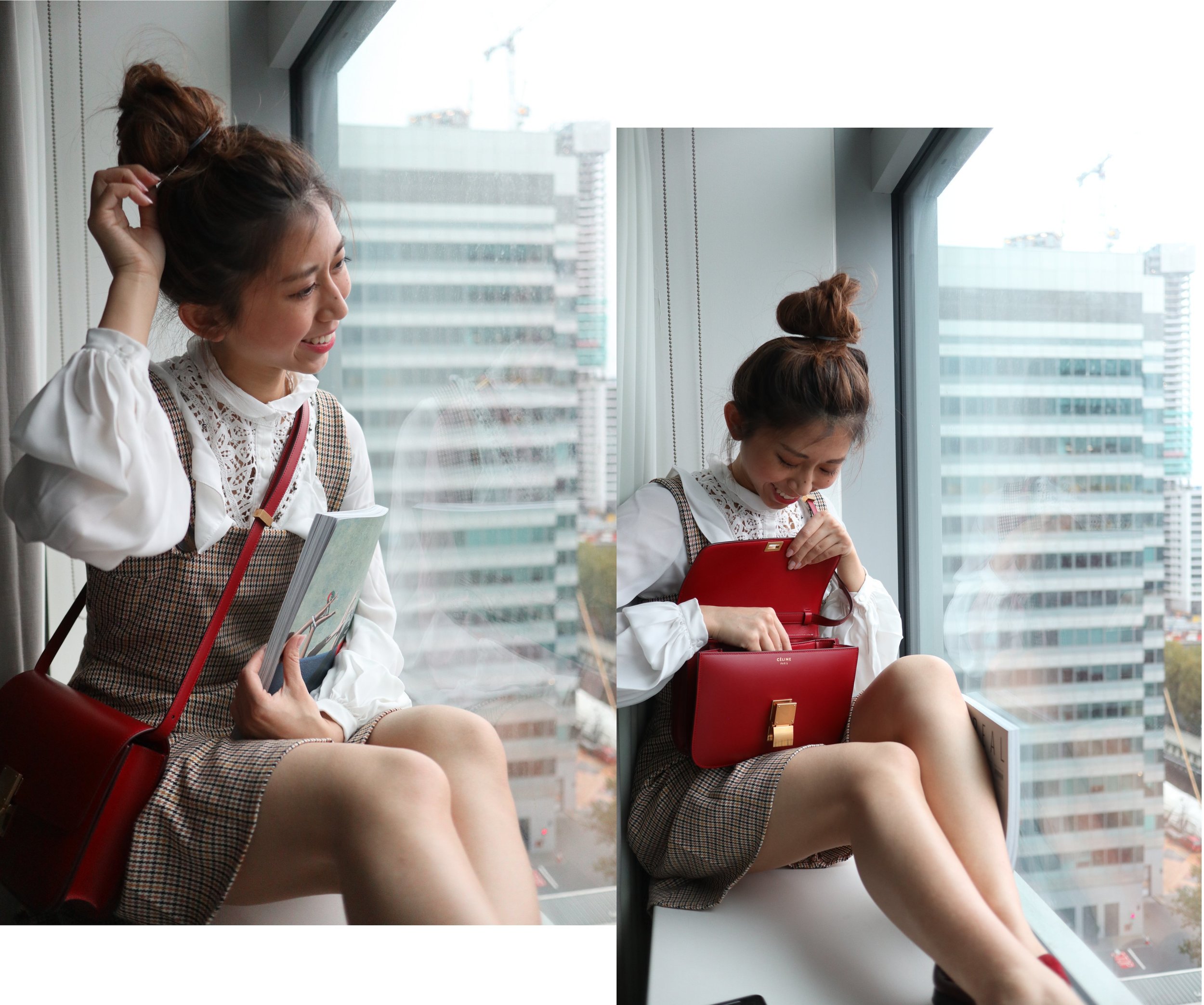 b+ab blouse / ZARA checked pinafore dress / Pennyblack red loafers / Celine medium classic bag in box (red)