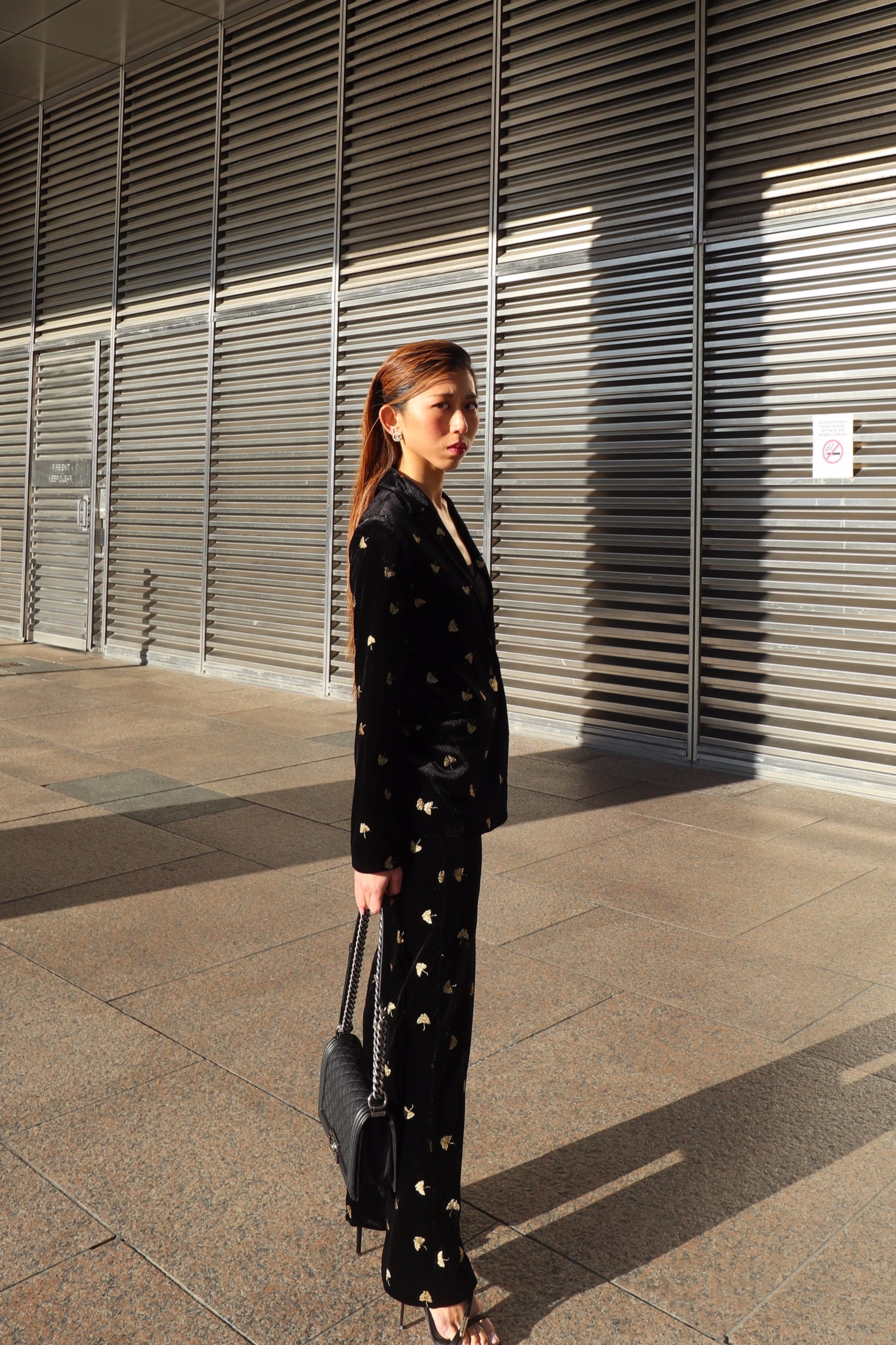 & OTHER STORIES embroidered velvet blazer / & OTHER STORIES embroidered velvet trousers / GIUSEPPE ZANOTTI Aleesha heeled sandals / CHANEL BOY Grained Calfskin & Ruthenium-Finish Metal / CHANEL earrings