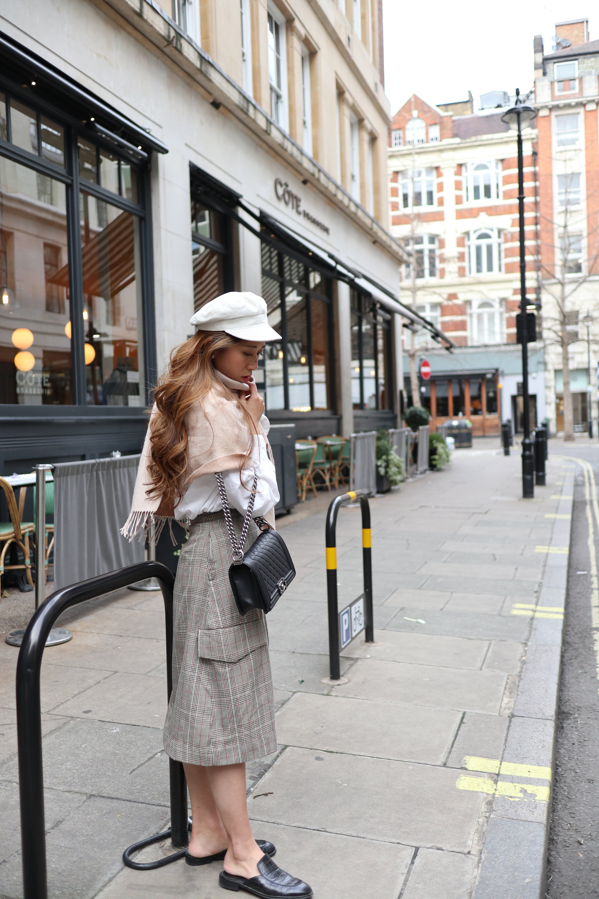 White shirt from Korea / ProjectNo8 checkered wrap skirt / Giordano Ladies scarf / Giordano Ladies leather slides / LACKOFCOLOR dunes cap