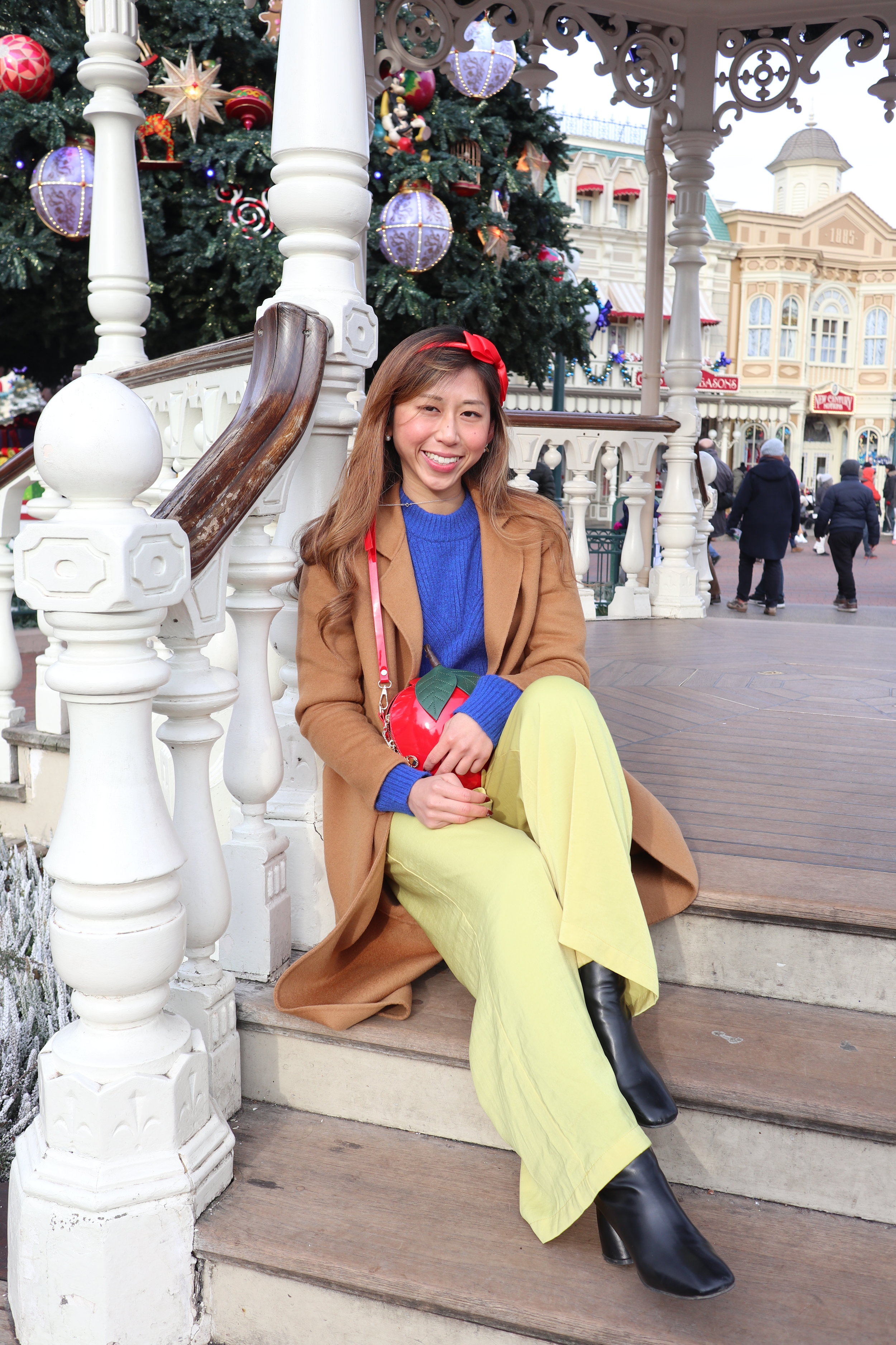 WEEKDAY knitted jumper in cobalt / Mango yellow wide pants / GIORDANO LADIES camel coat / Studiodoe black leather boots / CHANEL BOY Grained Calfskin & Ruthenium-Finish Metal / Hairband and Apple bag from Taobao