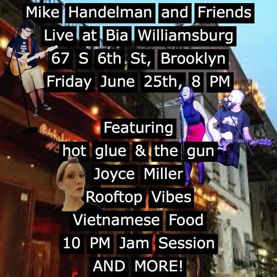 live✨IN person✨tonite
8pm🍸up on the roof🌝 @bia.goodidea 

Hosted by @mikehandelman who is joined by the ingenious Joyce Miller @ofhubbard 

We will play our first FULL SET live &amp; in person since pre-pandemic times!
Come #betheglue with us!

#li