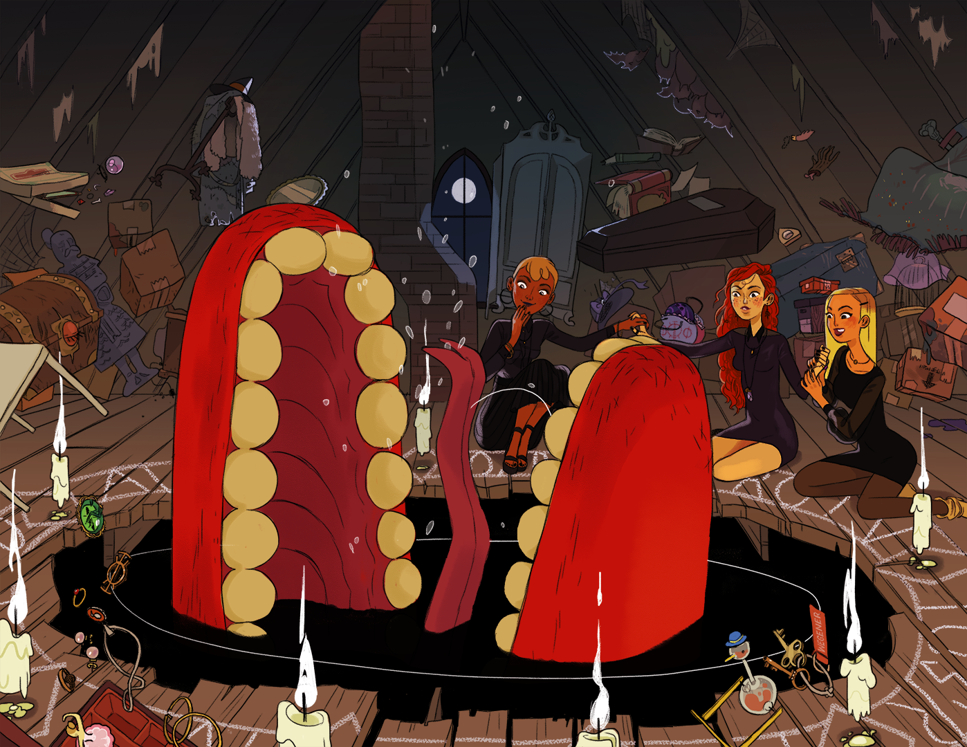 Tri Phi is a collection of narrative illustrations chronicling the events of the chapter house of Phi Phi Phi, a sorority for collegiate monster girls, occurring in a single moment on a Friday night. 