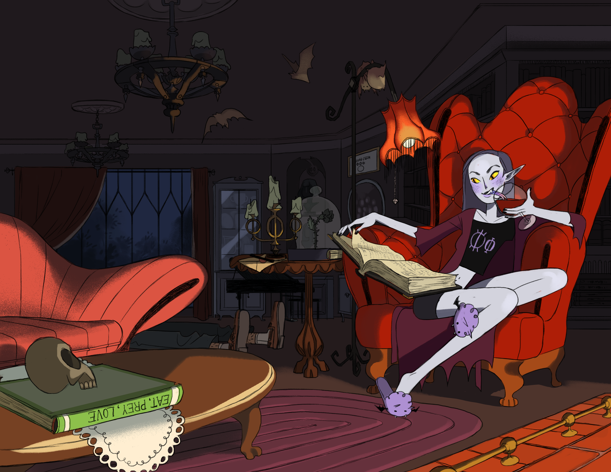 Tri Phi is a collection of narrative illustrations chronicling the events of the chapter house of Phi Phi Phi, a sorority for collegiate monster girls, occurring in a single moment on a Friday night. 