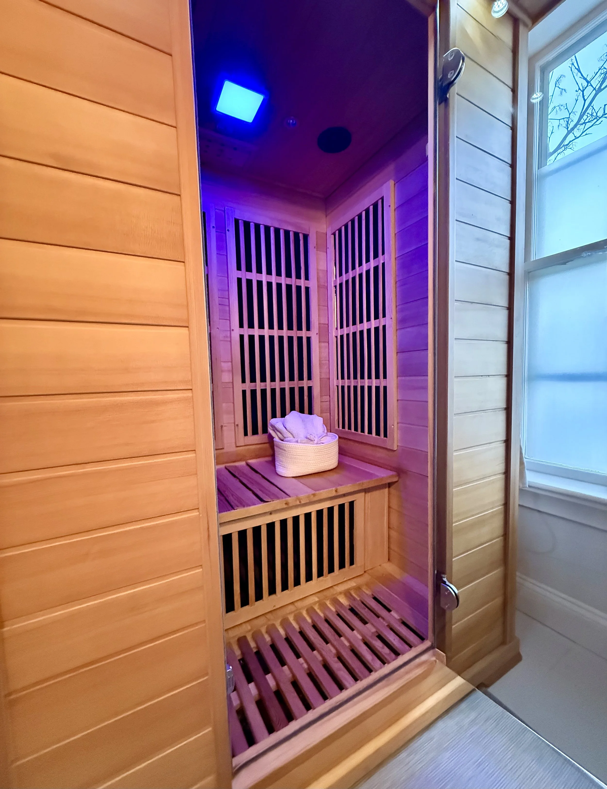 Far infrared sauna therapy at The Fifth Om holistic wellness spa in Kennebunk Maine.