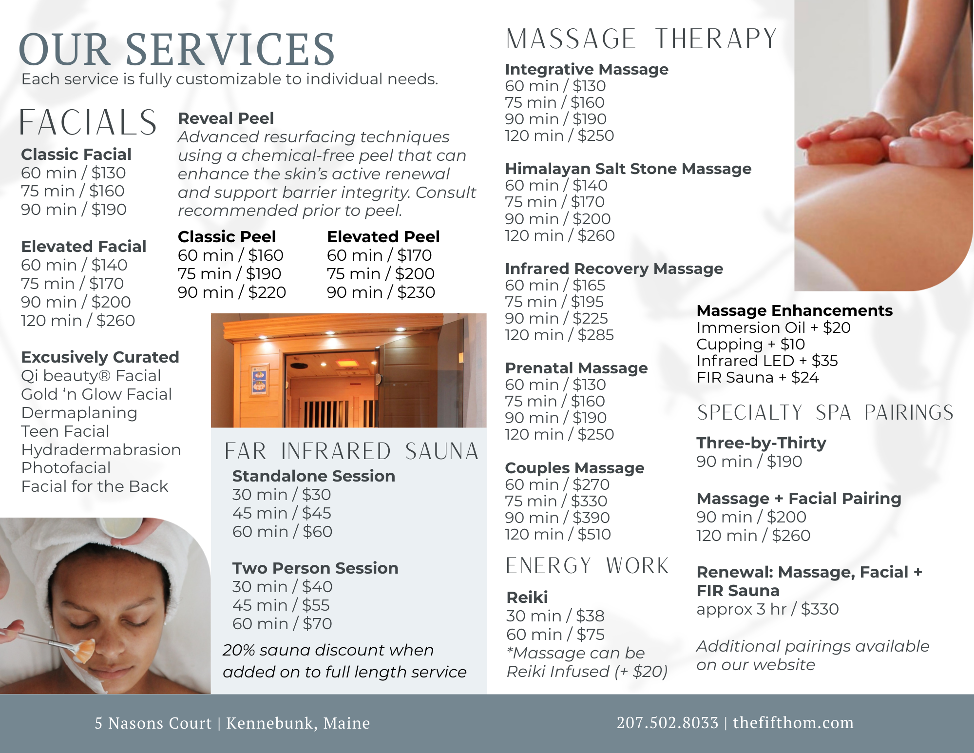 The Fifth Om wellness spa services overview including massage, facials, energy healing and infrared sauna in Kennebunk Maine