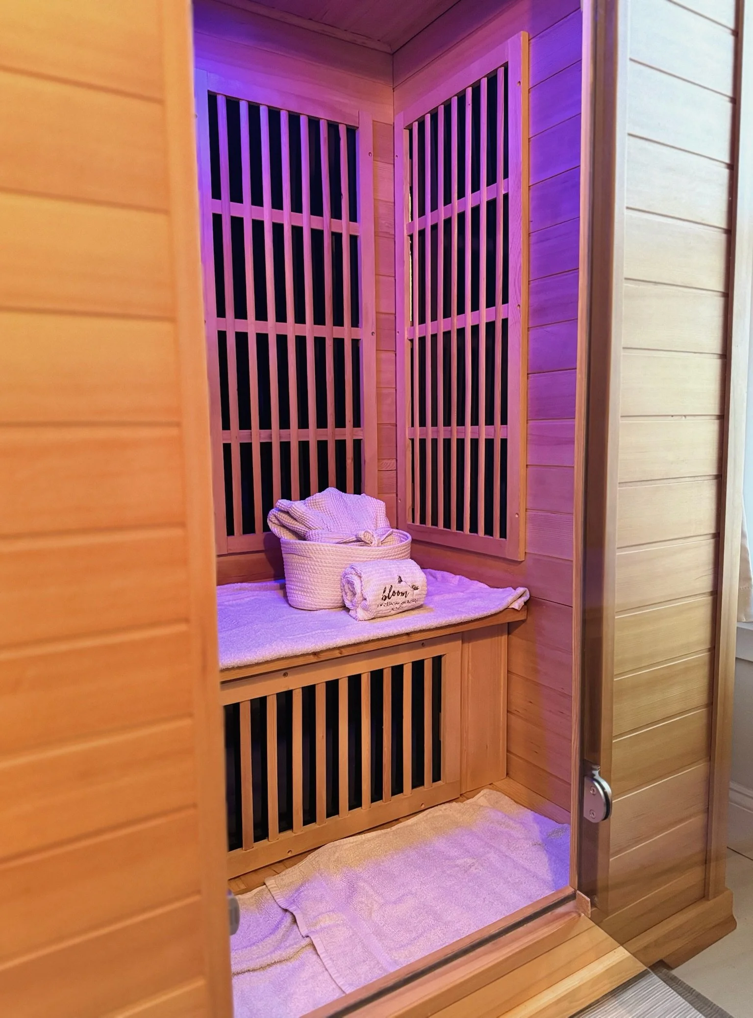 Far infrared sauna at The Fifth Om wellness spa in Kennebunk, Maine.