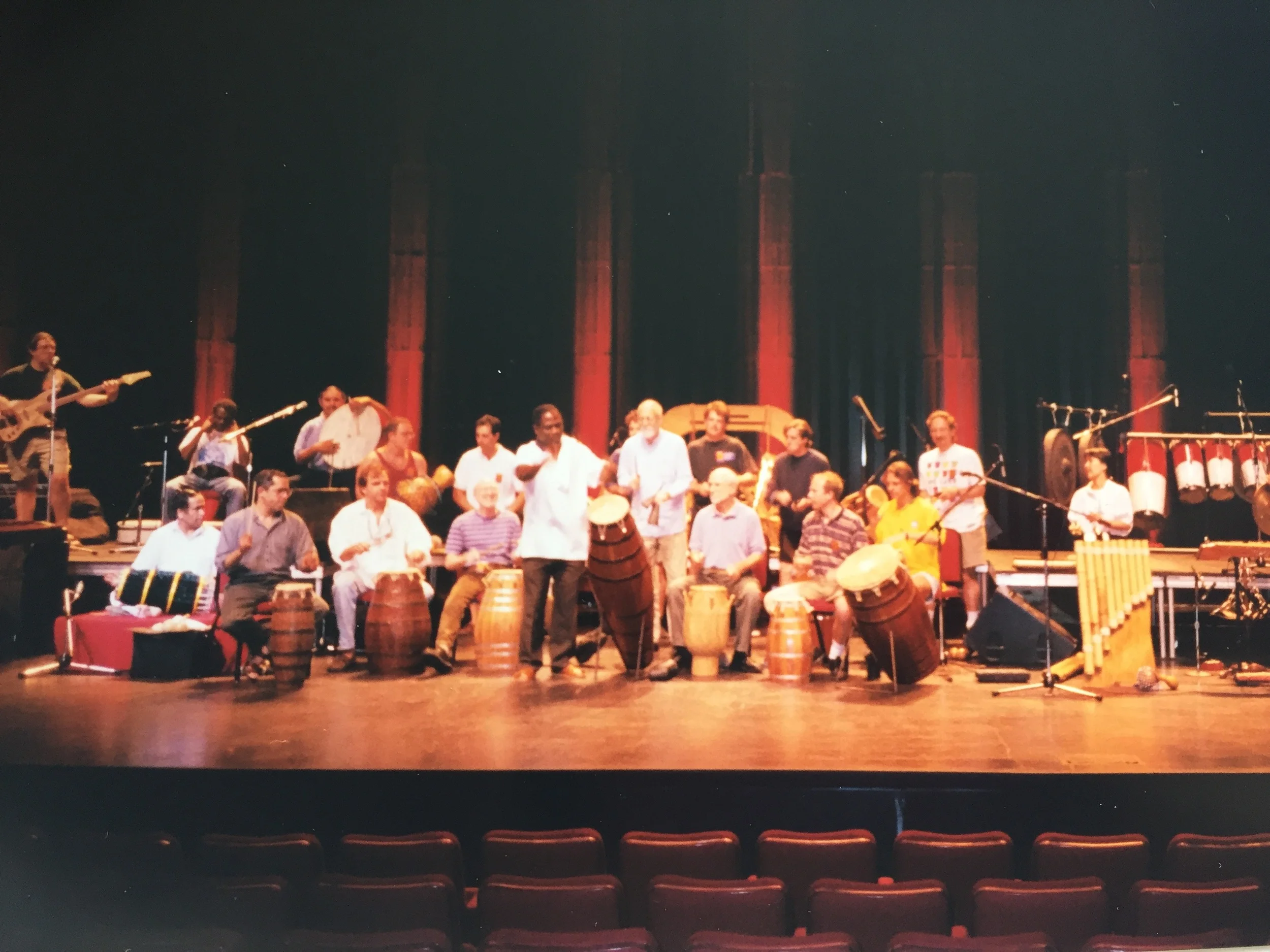 In performance with Abraham Adzenyah and the World Drums Orchestra at Expo 1998 in Lisbon, Portugal.