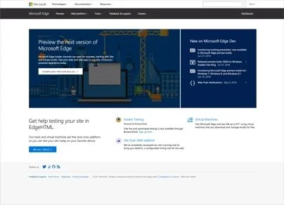 The Microsoft Edge Developer Portal home page in June 2019