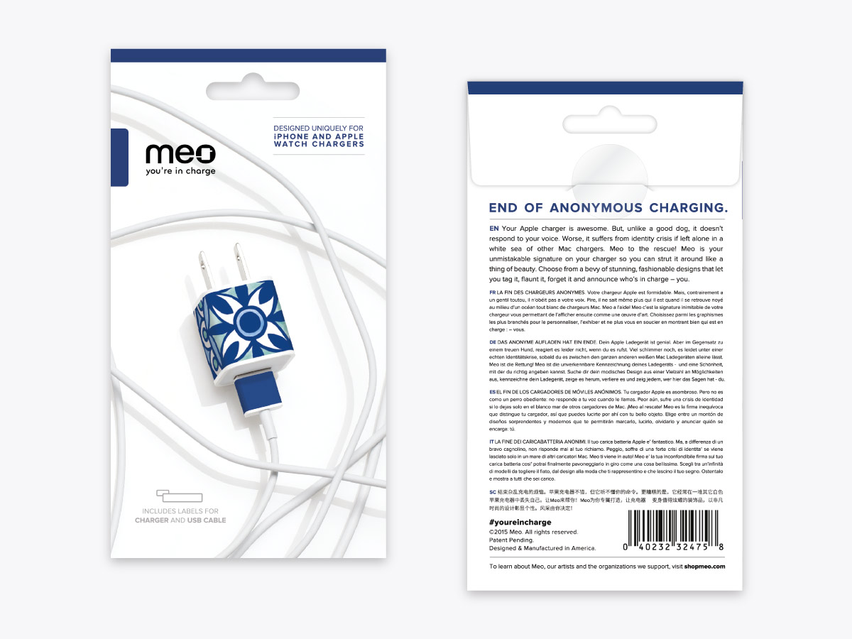 Meo's Moroccan Blue removable adhesive label for iPhone charger