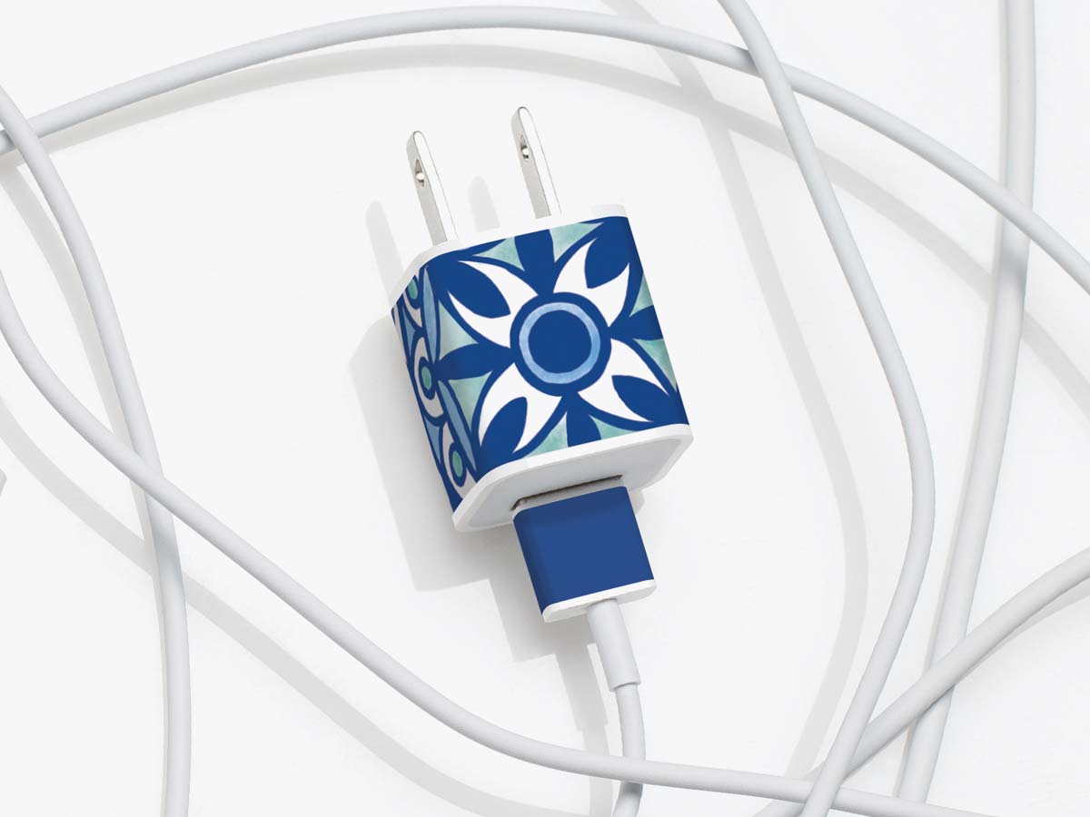 Meo's Moroccan Blue removable adhesive label for iPhone charger