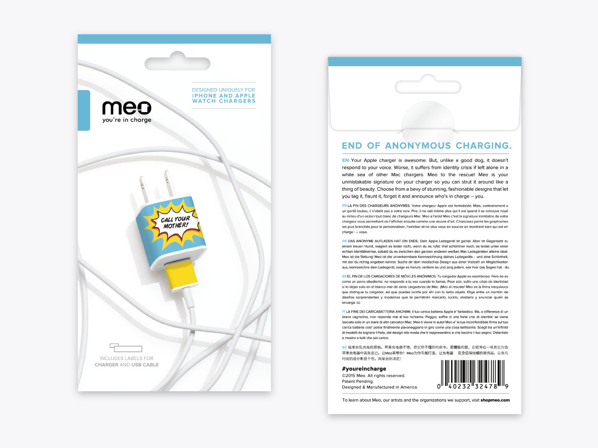 Meo's Call Your Mother removable adhesive label for iPhone charger
