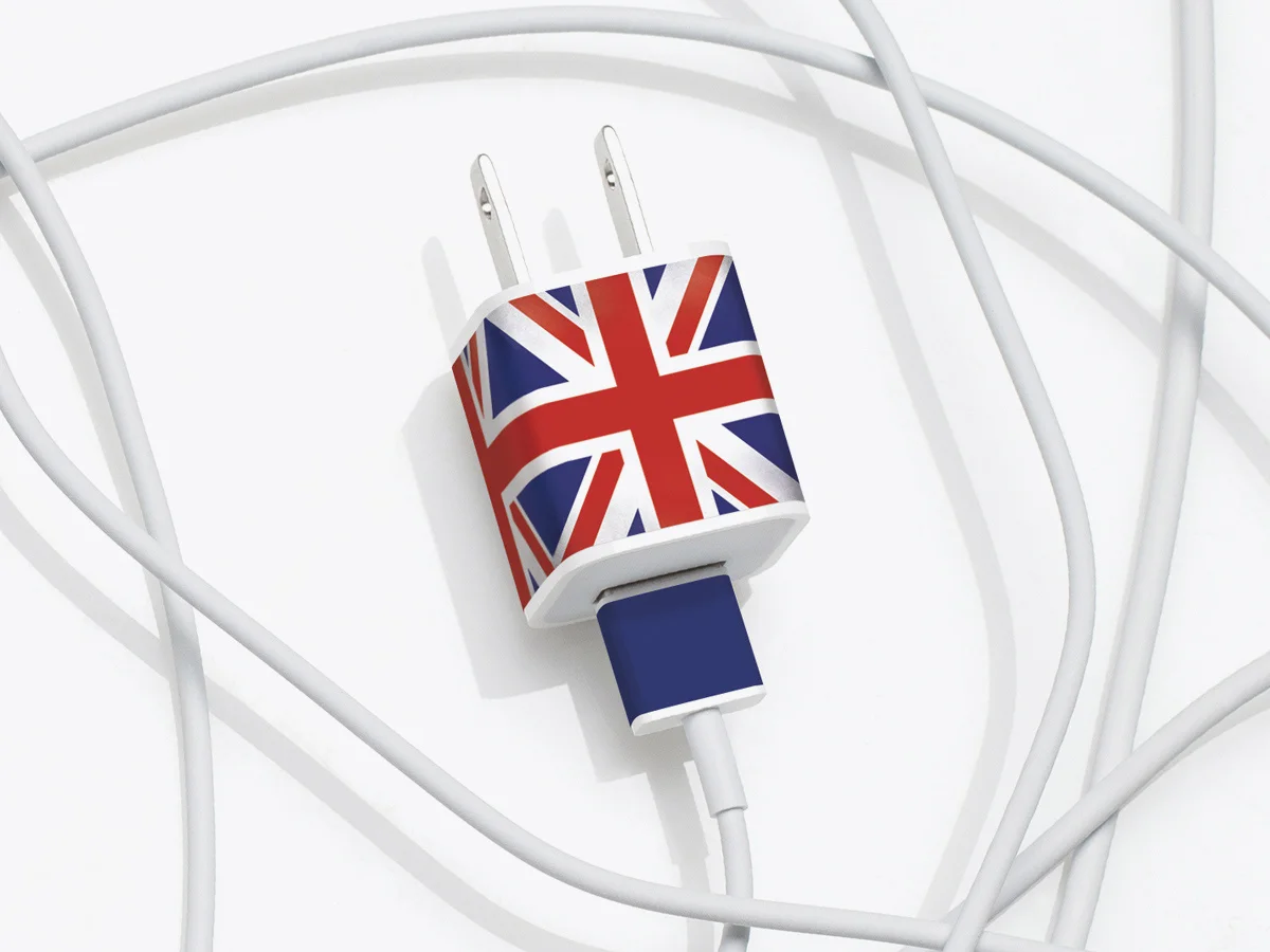 Meo's Union Jack British Flag removable adhesive label for iPhone charger