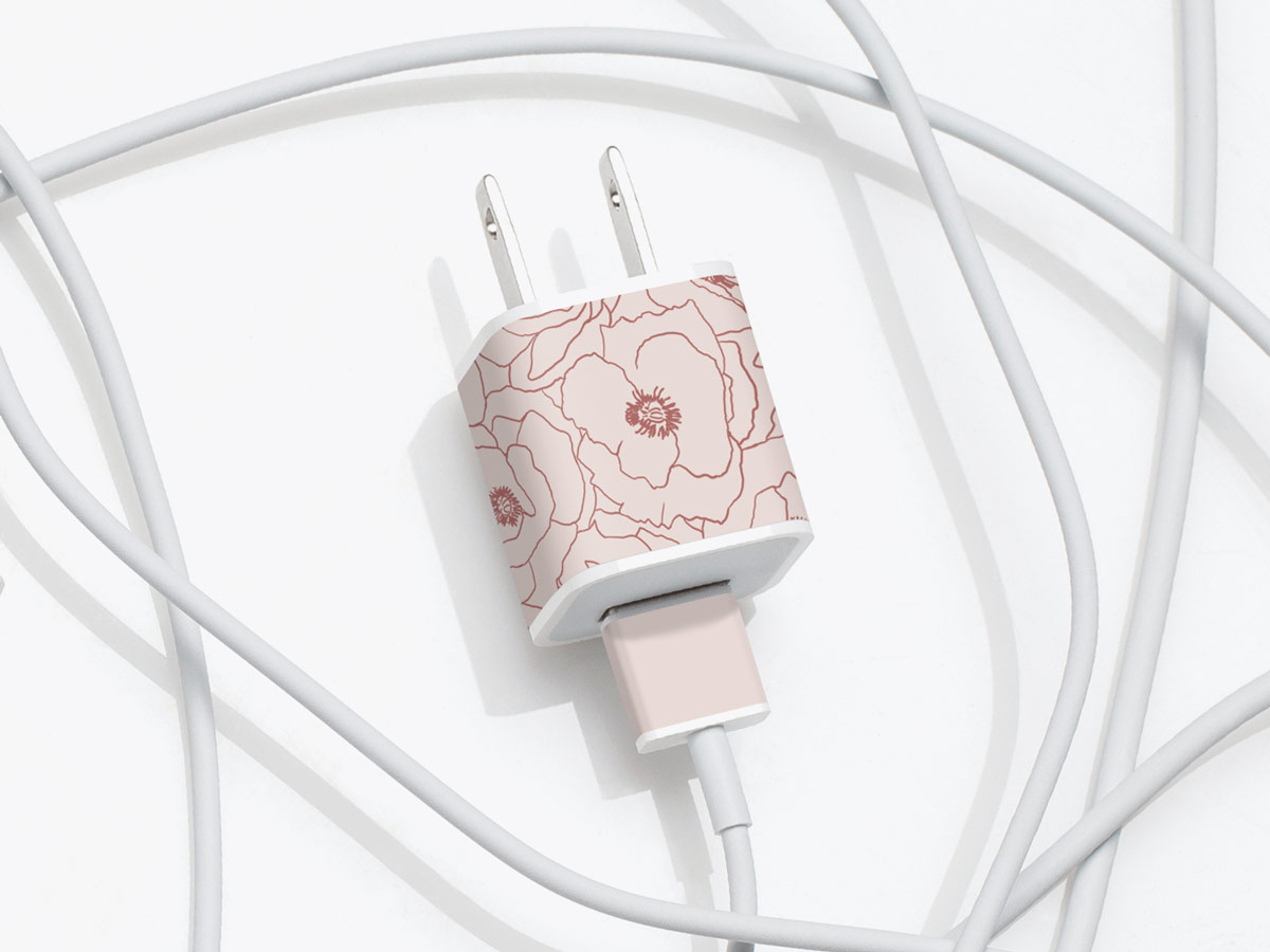 Meo's Pink Poppy Flowers removable adhesive label for iPhone charger