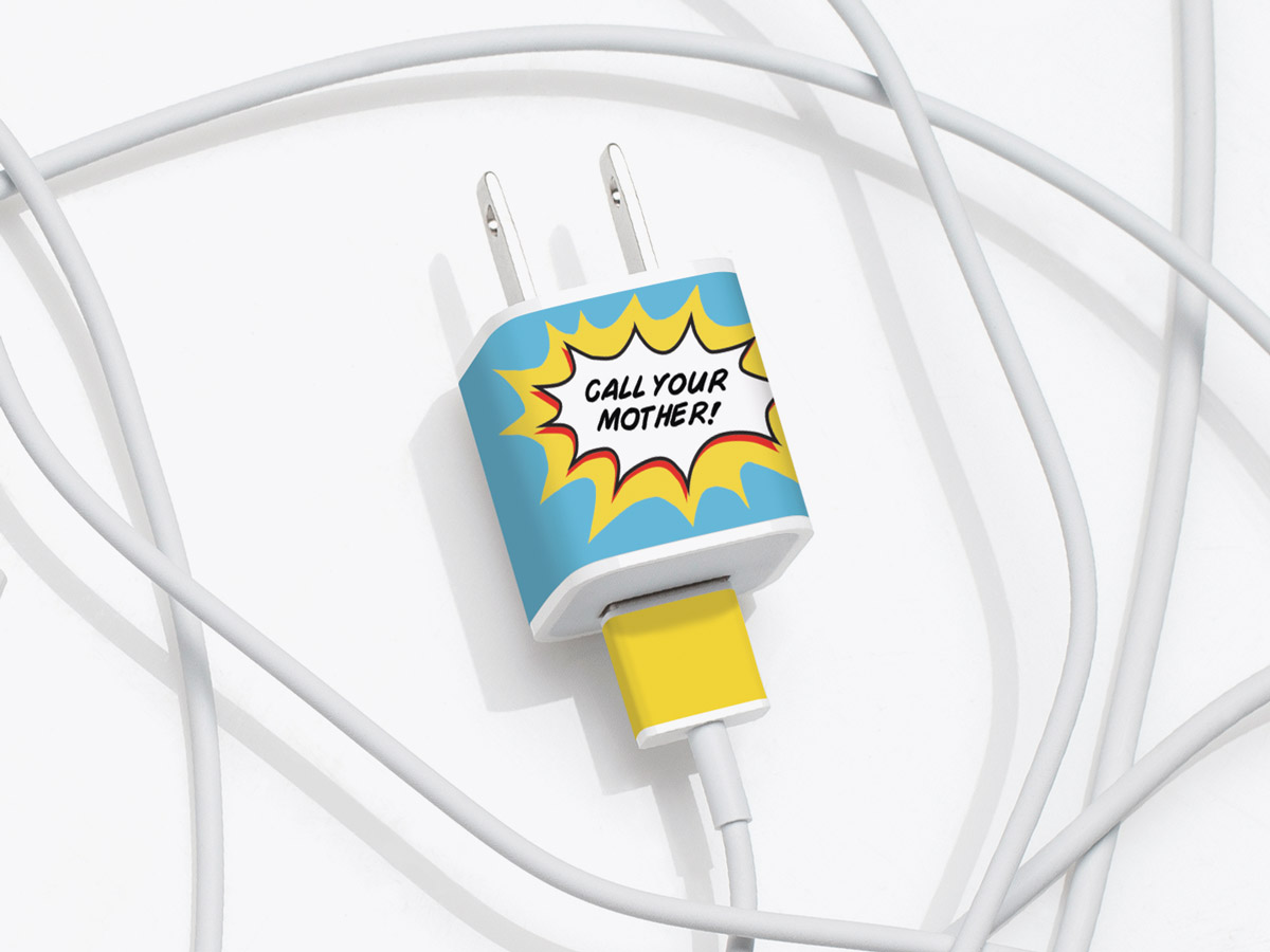 Meo's Call Your Mother removable adhesive label for iPhone charger
