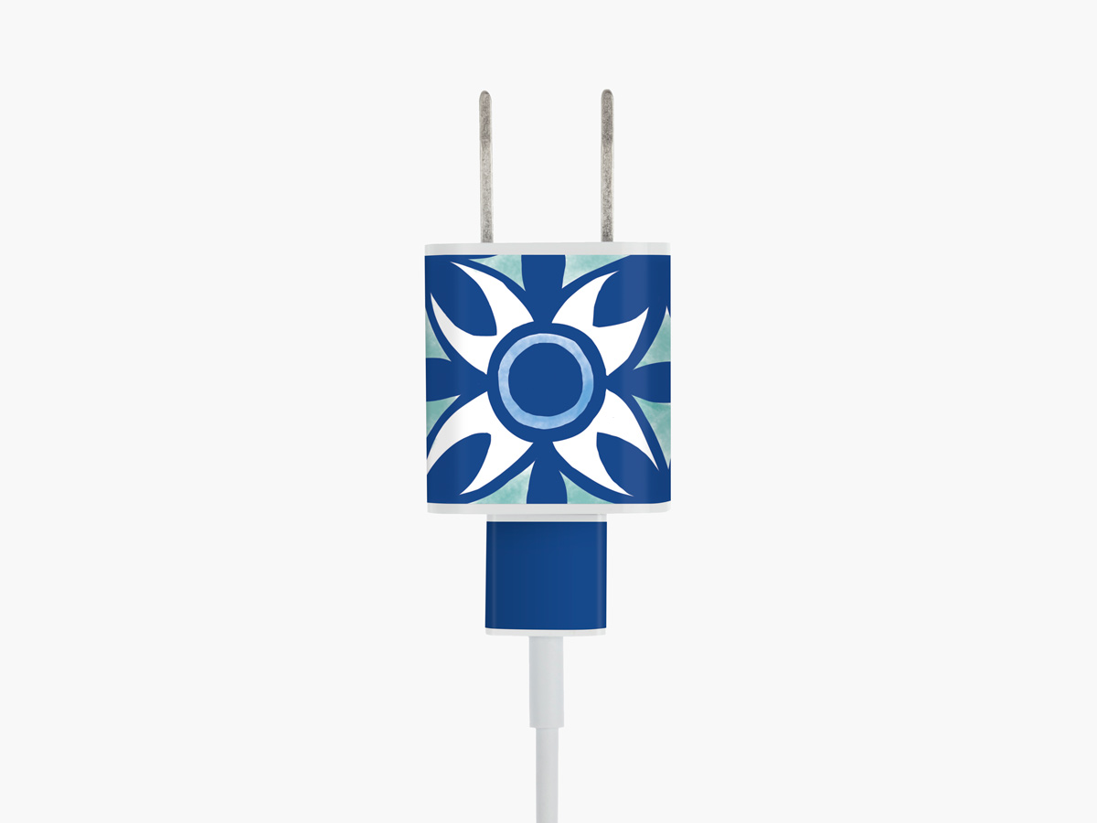 Meo's Moroccan Blue removable adhesive label for iPhone charger