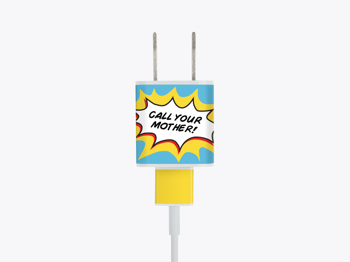 Meo's Call Your Mother removable adhesive label for iPhone charger