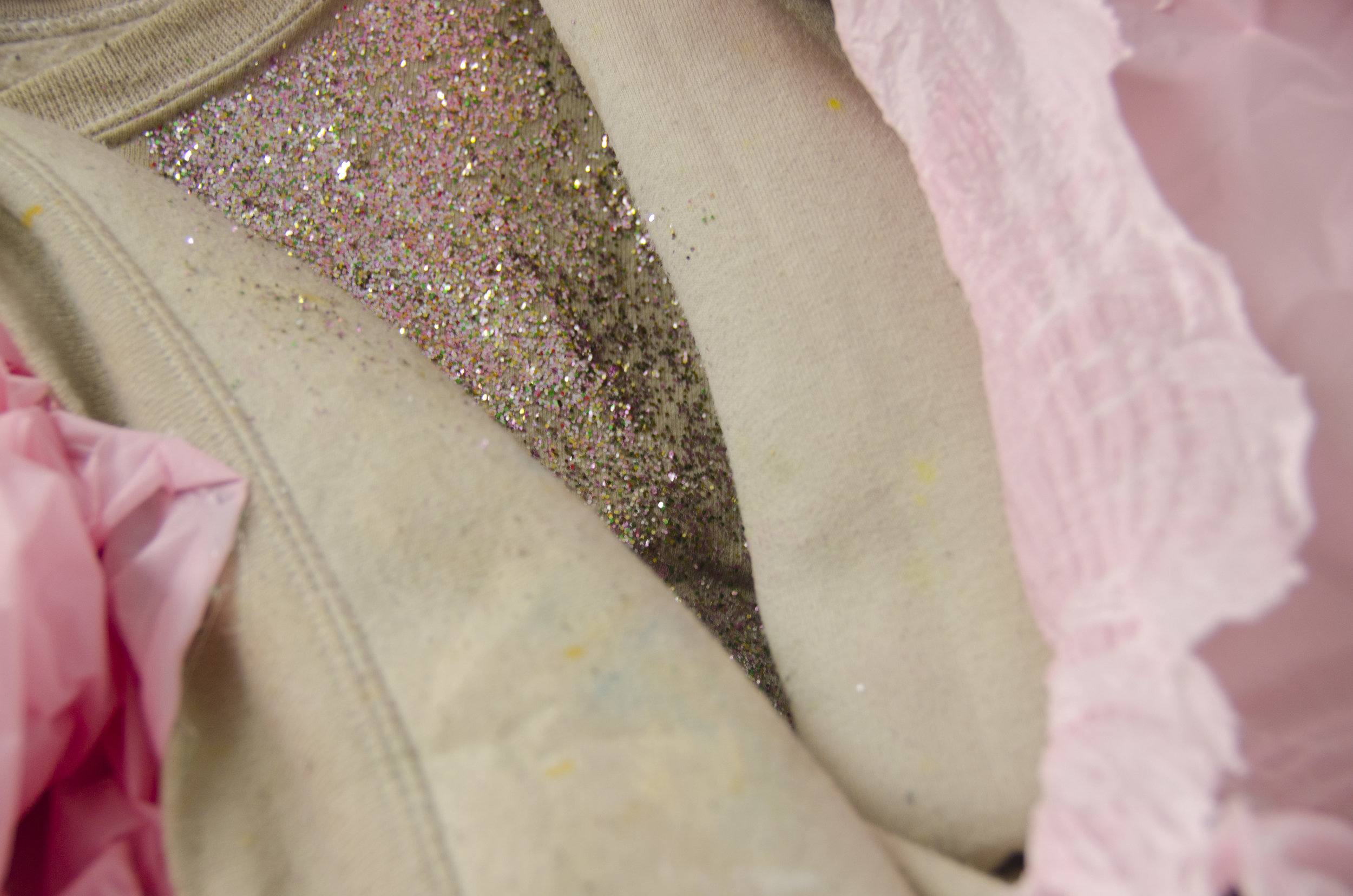   Innards  (Detail)  Sweater, hanger, acrylic, glitter, plaster, tablecloth, and bubblewrap  2016 