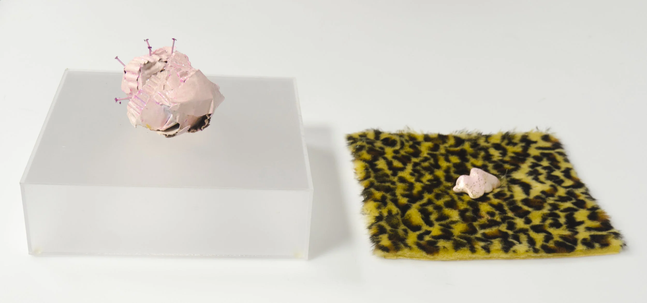   Diptych   Cardboard, nails, glitter, acrylic, pedestal, plaster, nail polish, and faux fur  2017 