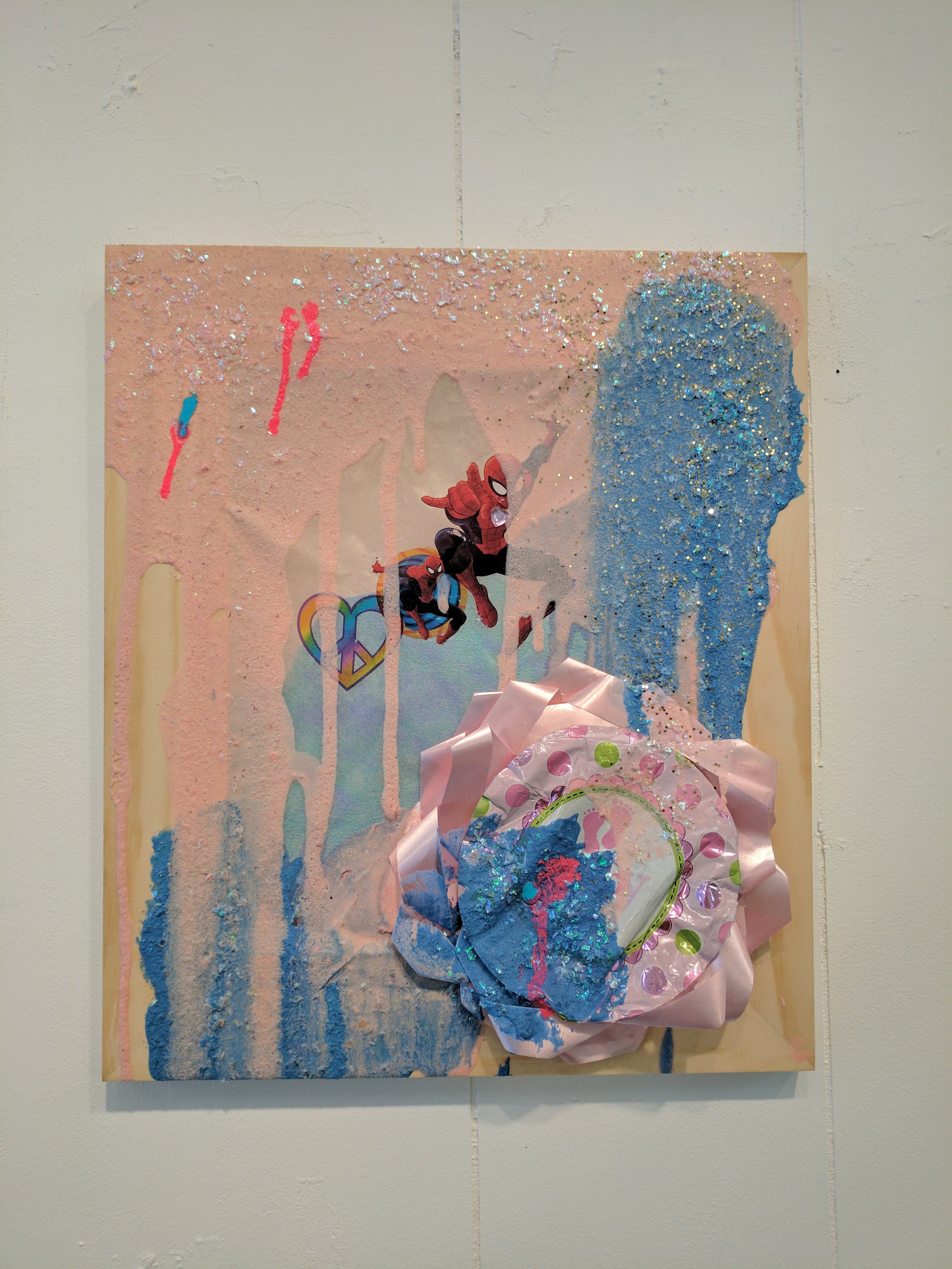   It's a Party 7   Balloon, acrylic, sugar past, glitter, confetti, temporary tattoos, and paper on wood  2017  From "Cry if I want 2" a collaborative show with Jessica Bingham  Her website: http://www.jessicabinghamart.com/ 