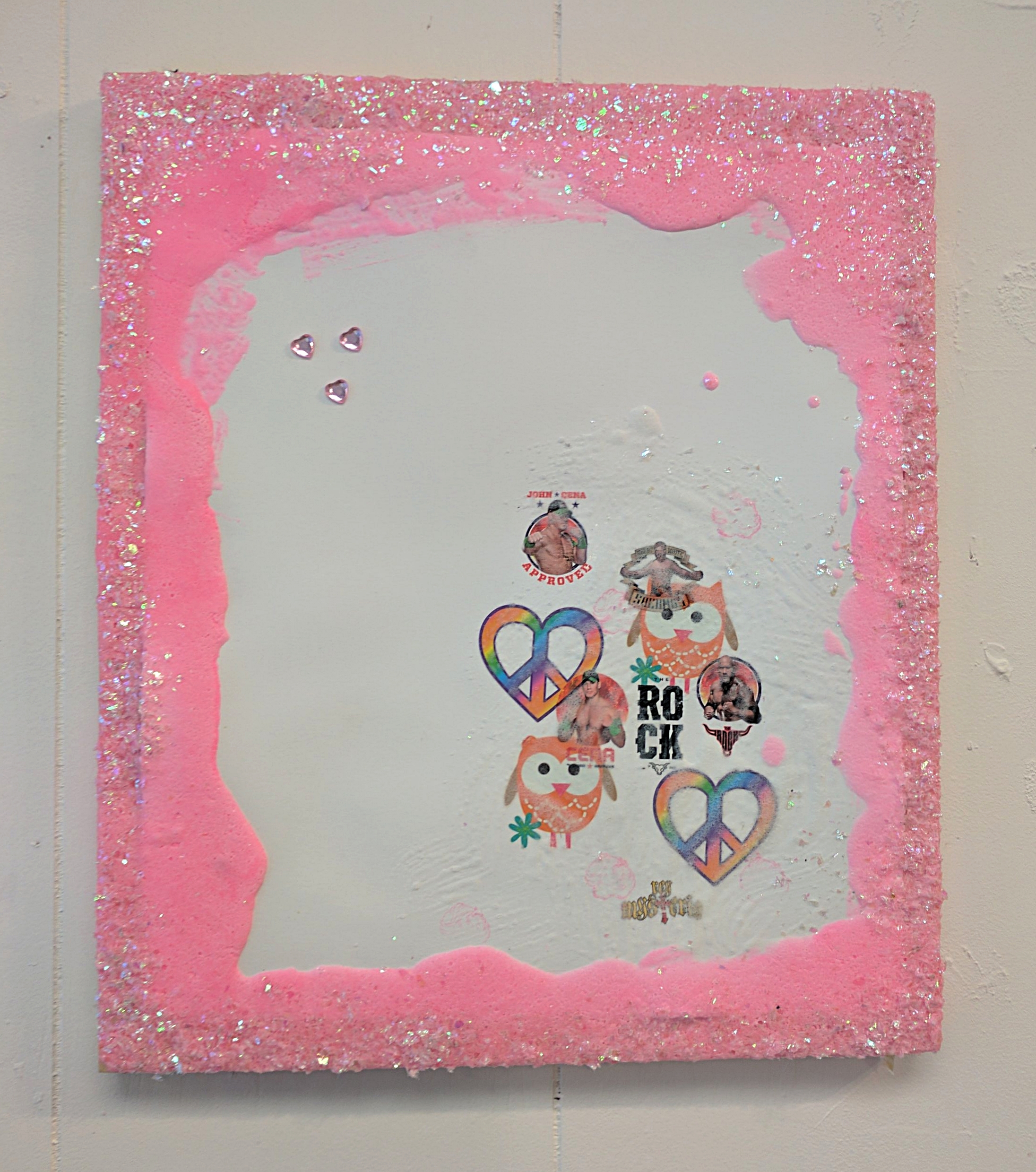   It's a Party 3   Sugar paste, acrylic, confetti, temporary tattoos, fake jewels, and wood  2017  From "Cry if I want 2" a collaborative show with Jessica Bingham  Her website: http://www.jessicabinghamart.com/ 