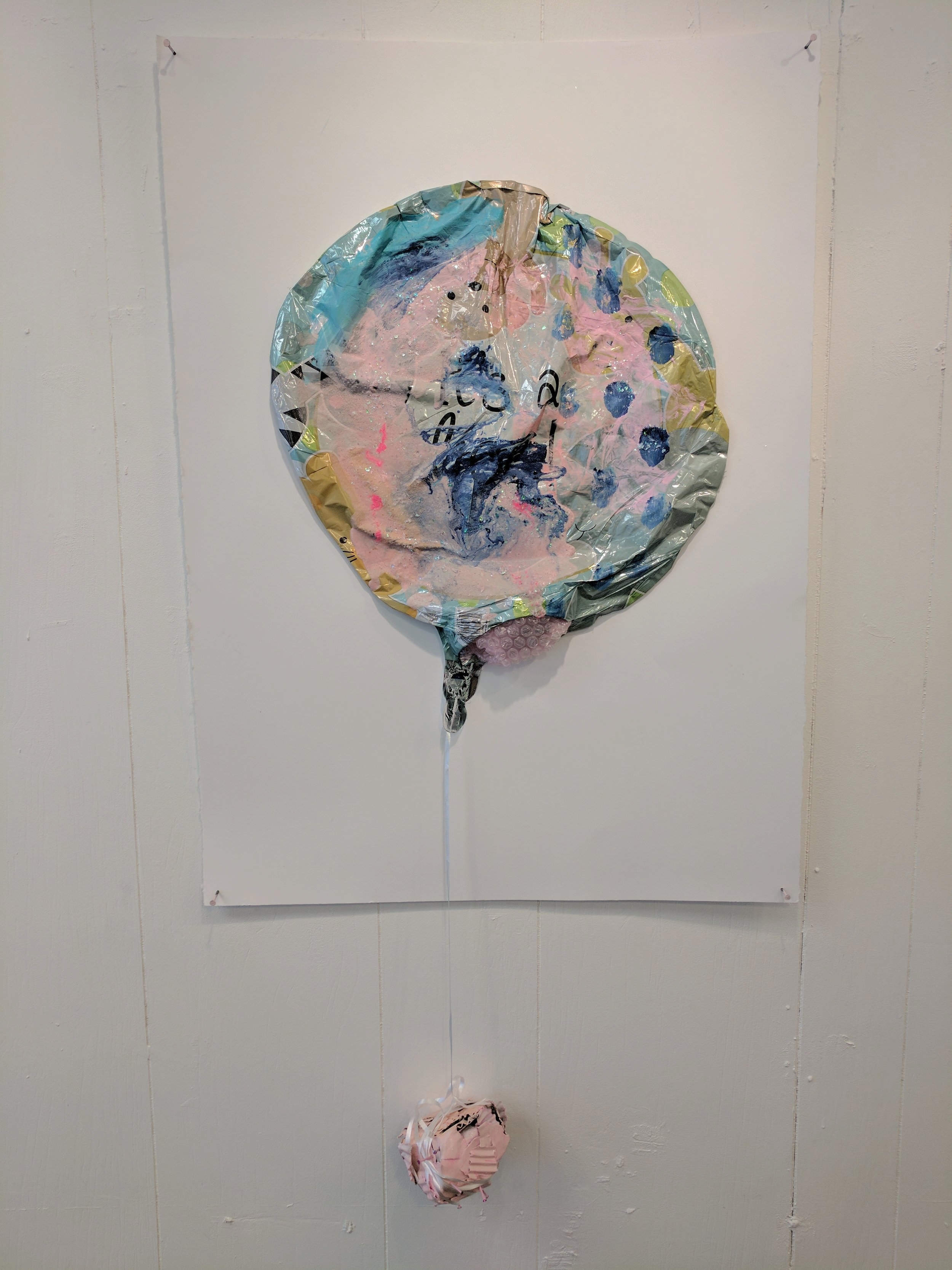   It's a Party 5   Balloon, acrylic, sugar paste, glitter, cardboard, and nails on paper  2017  From "Cry if I want 2" a collaborative show with Jessica Bingham  Her website: http://www.jessicabinghamart.com/ 