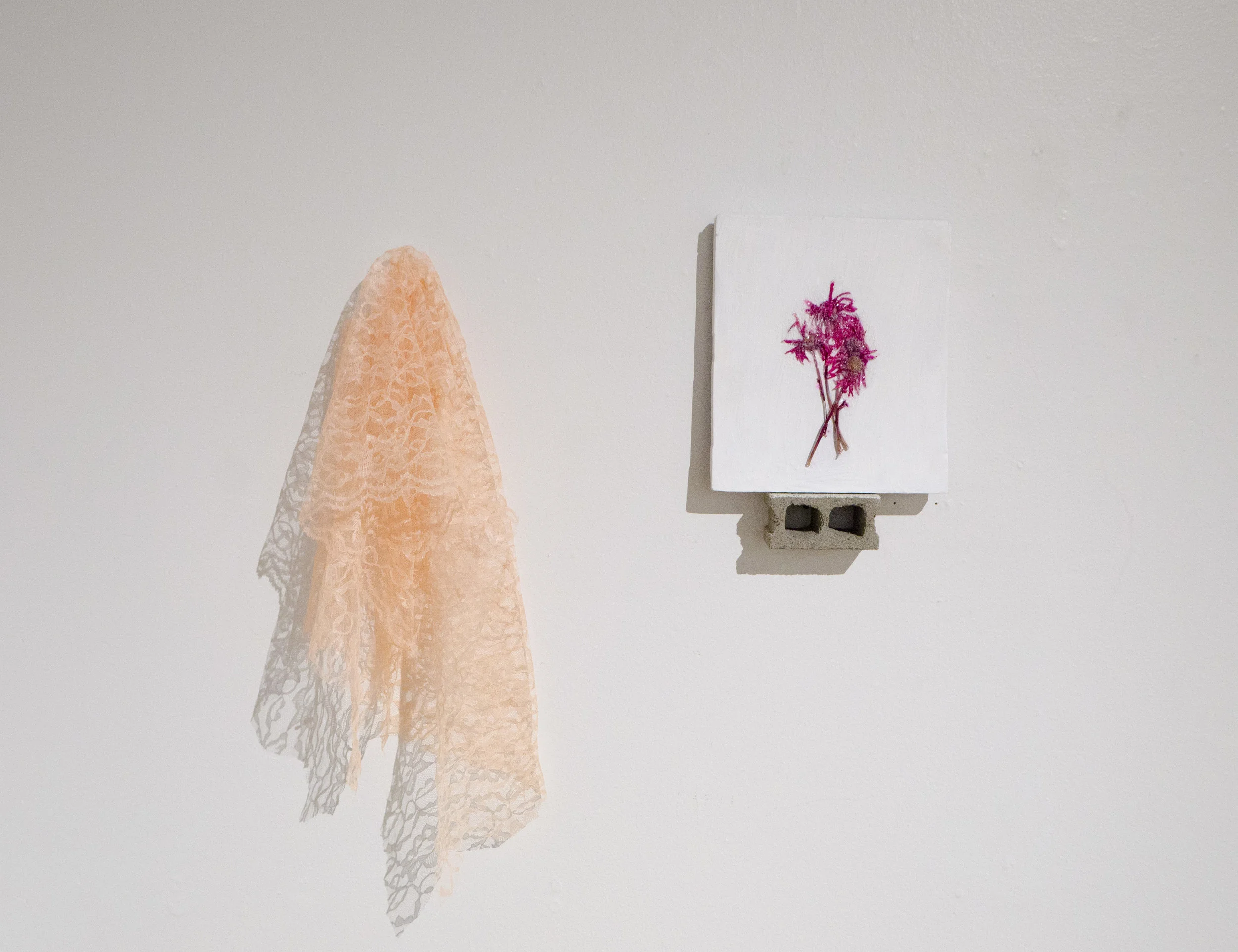   Gentle and Sturdy     2018   Acrylic, glitter, dried flower, fabric,foam, and cinder block    