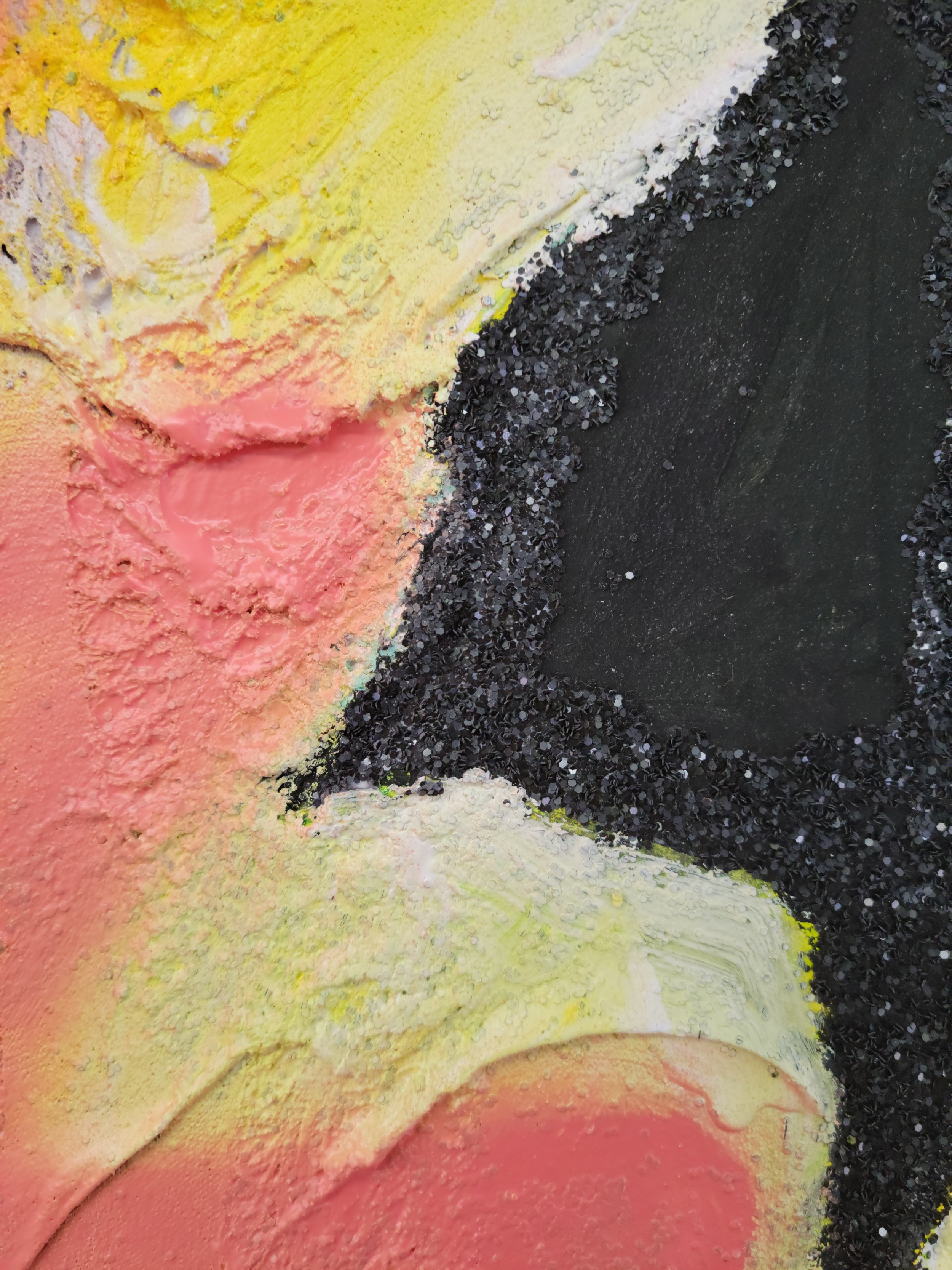   Scar Tissue  (Detail)    2022    Acrylic, pantyhose, oilstick, glitter, and gem pins, on foam 