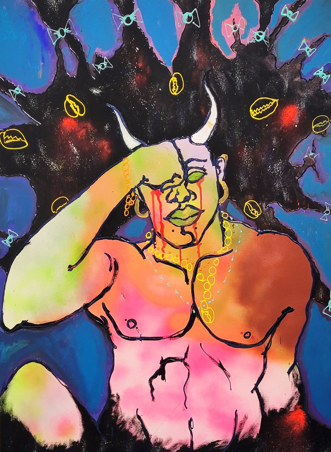   Tender-Headed Devil   2022  Acrylic, spray-paint, puffy paint, pigment, and ink, on canvas 