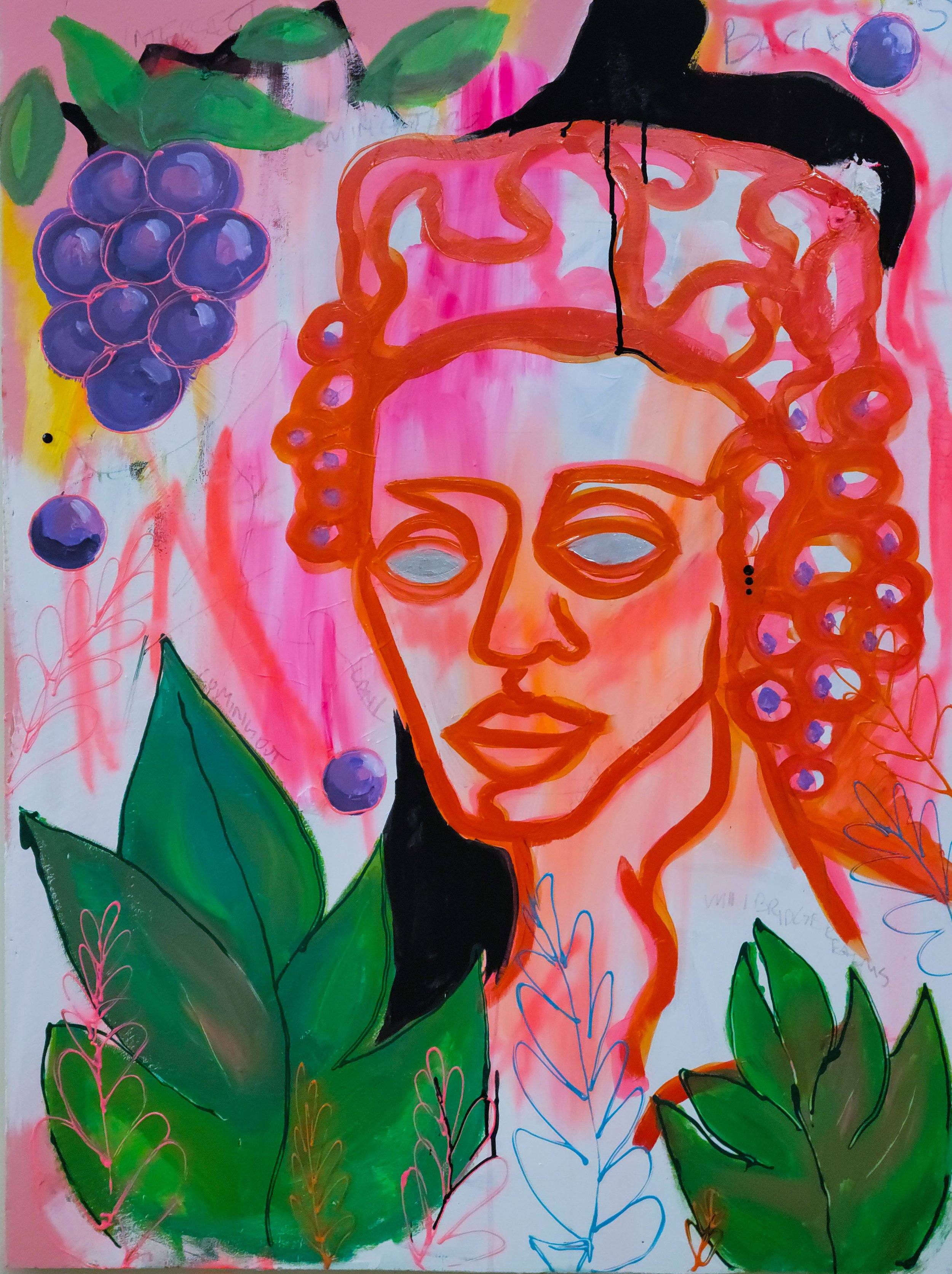   A Deity Traversing Realms   2022  Acrylic, pigment, pastel, puffy paint, medium, and rhinestone, on canvas 