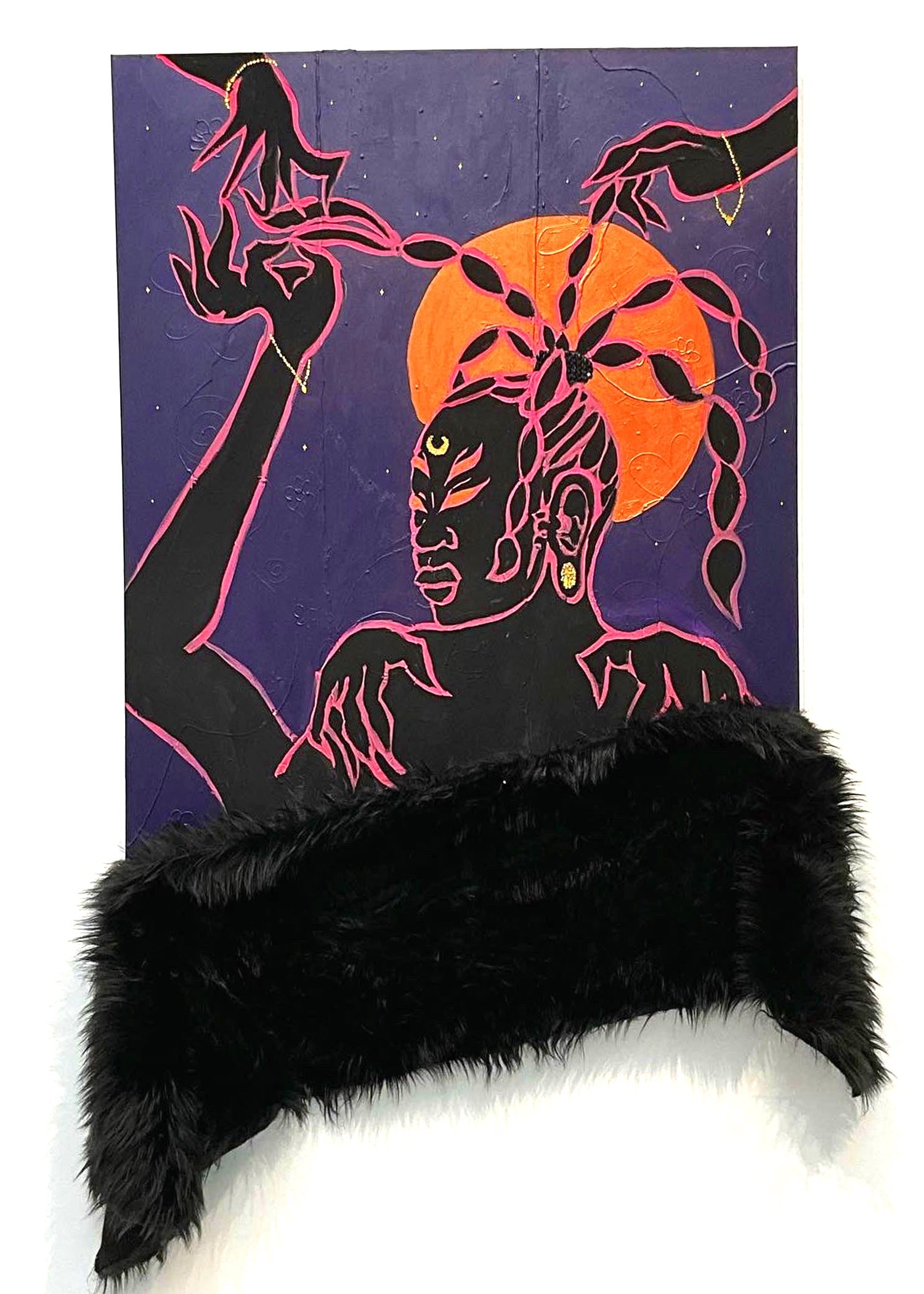   The Witch, The Weaver   2023  Acrylic, rhinestones, glitter, and fur, on canvas 