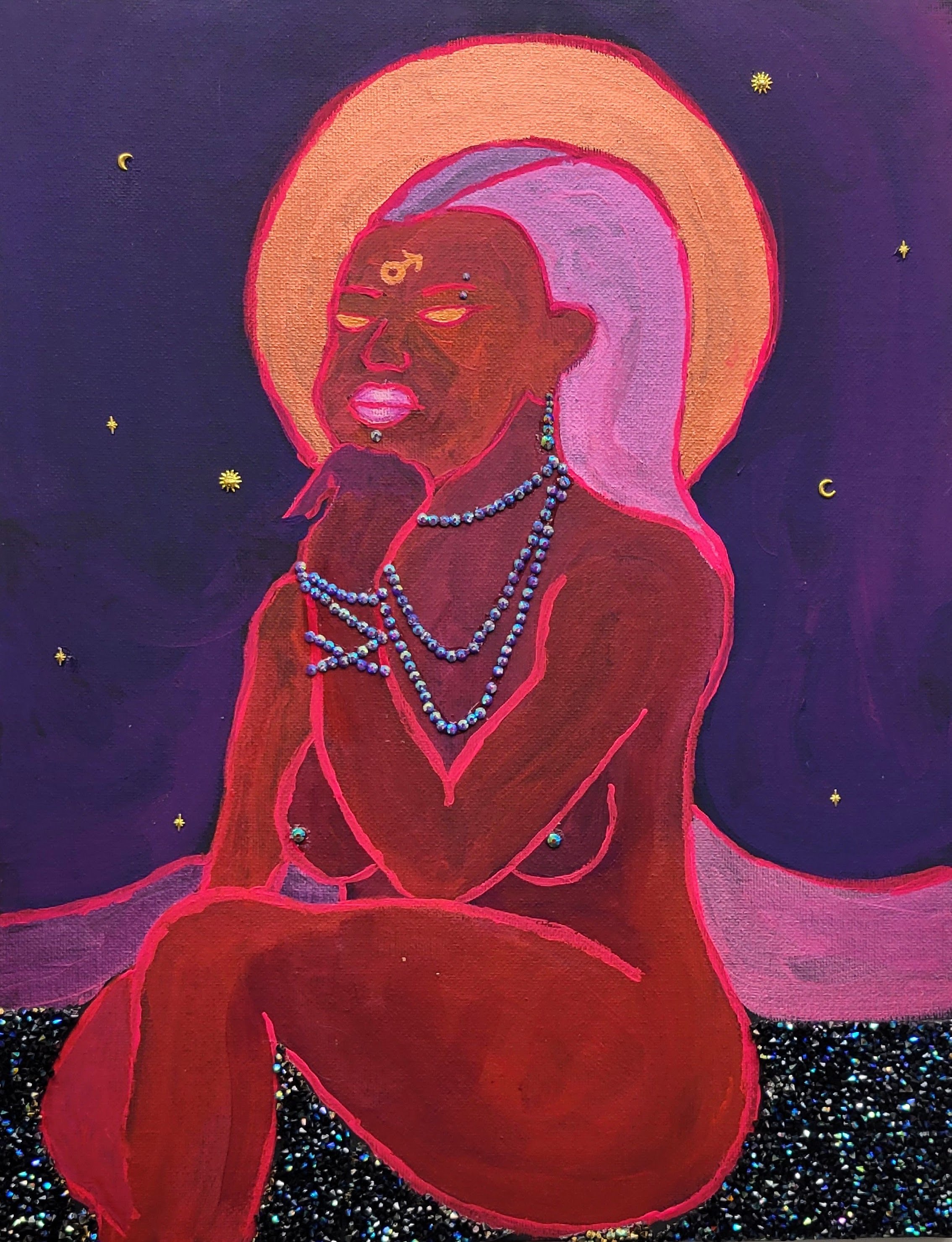   Phobos can’t be bothered: A trans-femme ballad of self love  (Detail)  2023  Acrylic, gouache, and rhinestones, on canvas board     