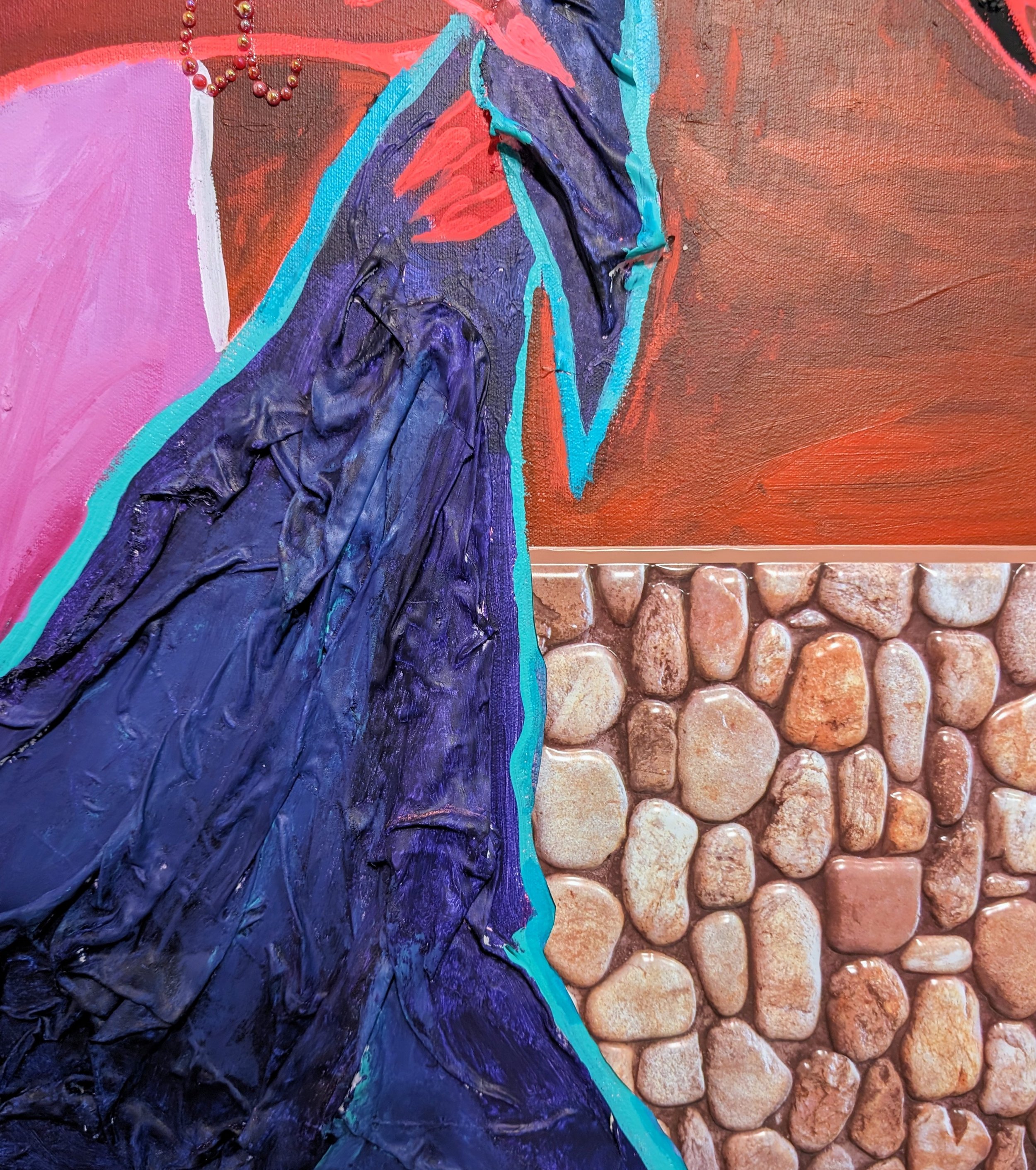   Deimos Relishing in Blissful Solitude: a Self-portrait mantling the twin goddexx of divine trans-femininity (Detail)   2024   Acrylic, pigment, rhinestones, fabric, vinyl, and medium, on canvas 