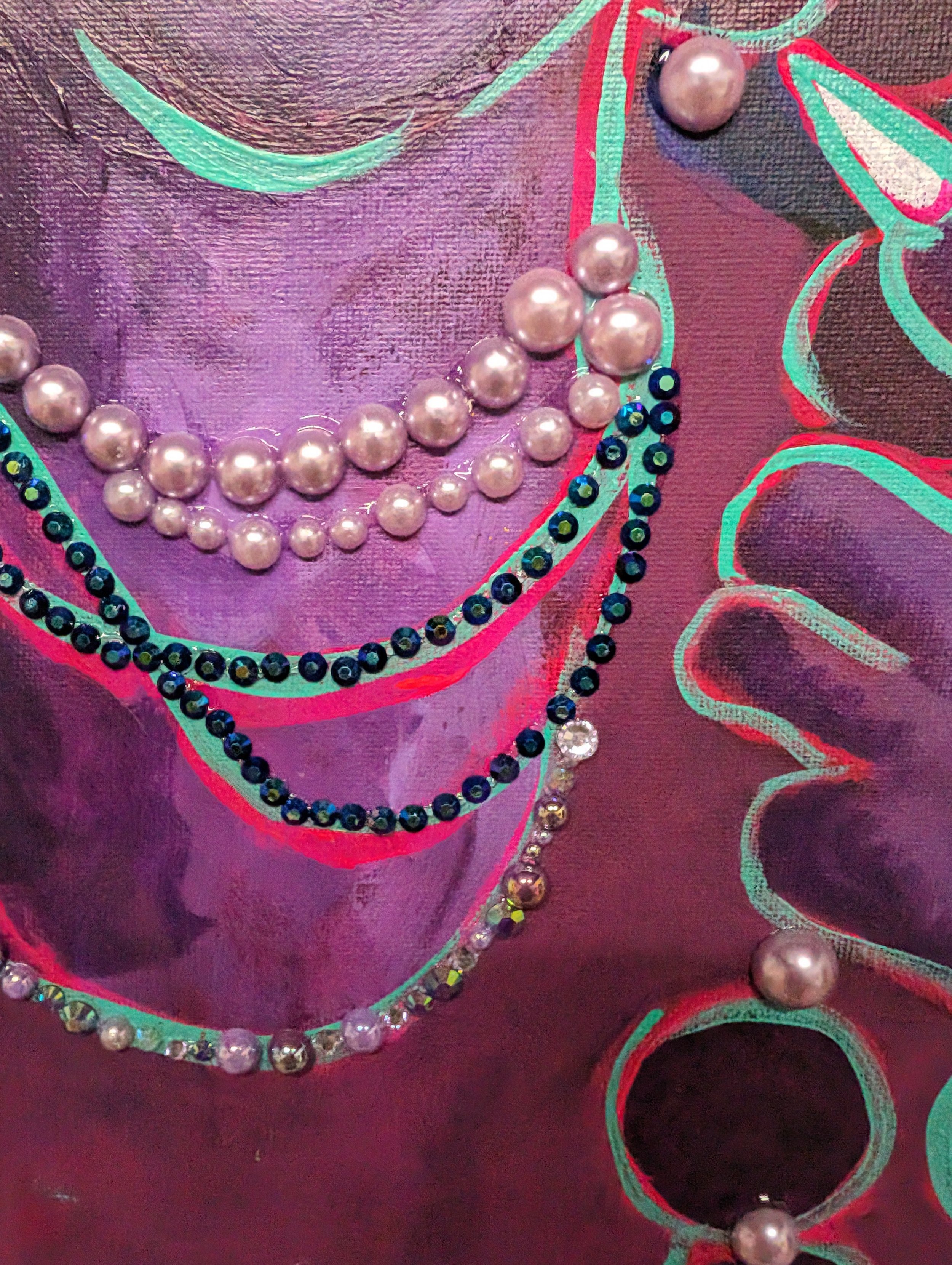   Self-Portrait Mantling The Weaver (Detail)   2024  Acrylic and Rhinestone on Canvas 