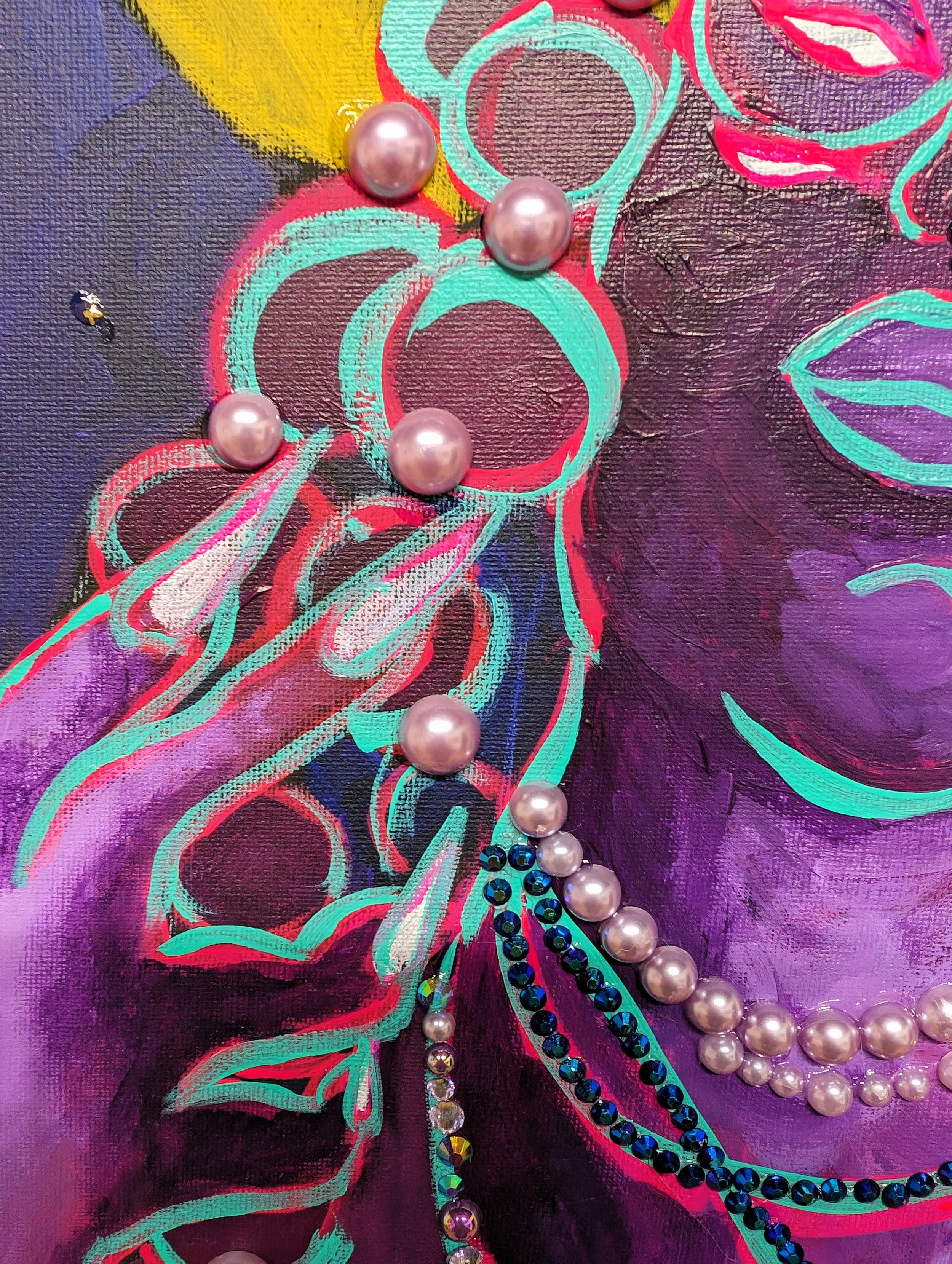   Self-Portrait Mantling The Weaver (Detail)   2024  Acrylic and Rhinestone on Canvas 