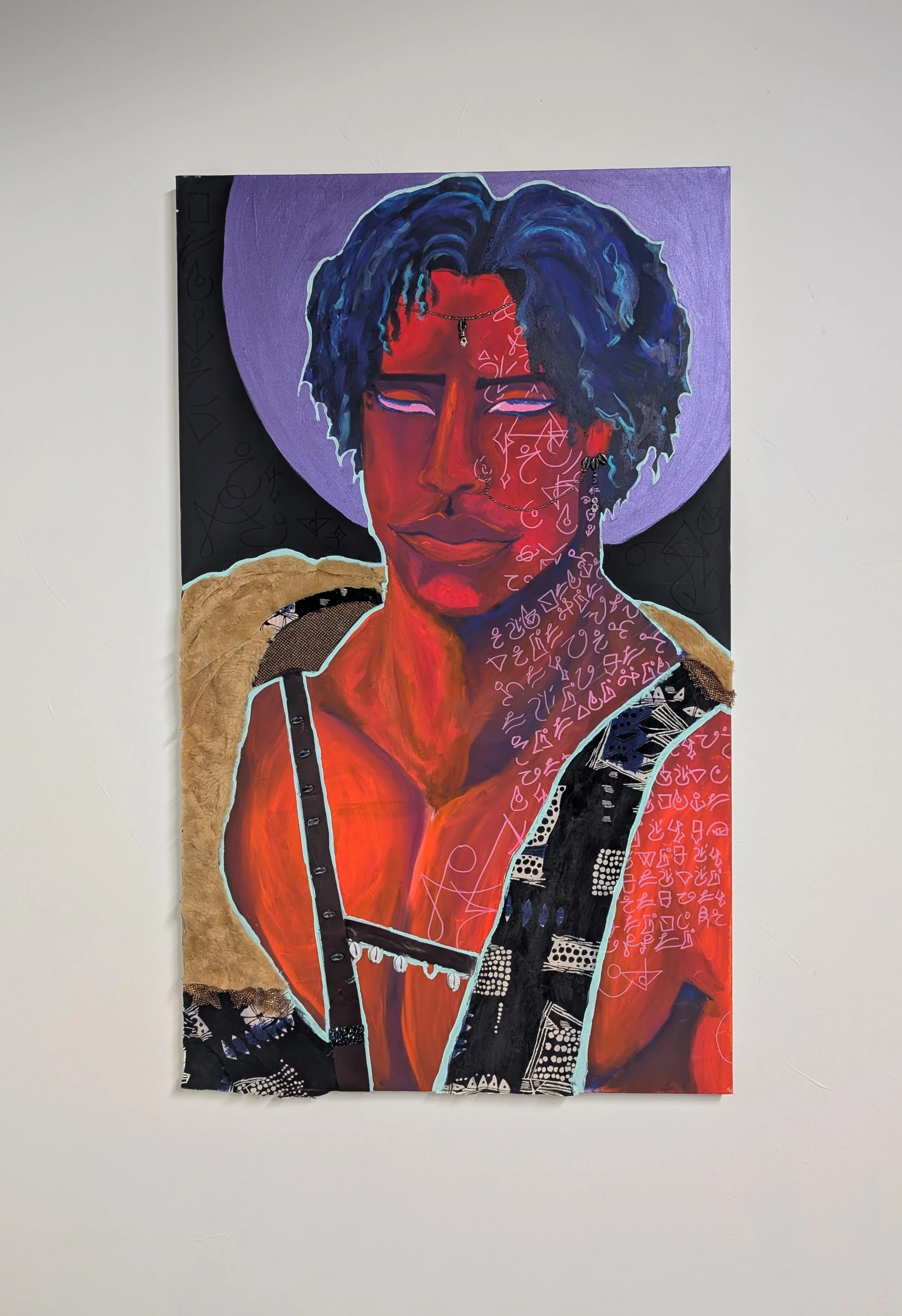 Leovic (The creations of a young queer in isolation seeking connection, intimacy, protection, and understanding) 2025 Acrylic, faux fur, fabric, beads, and rhinestones, on canvas