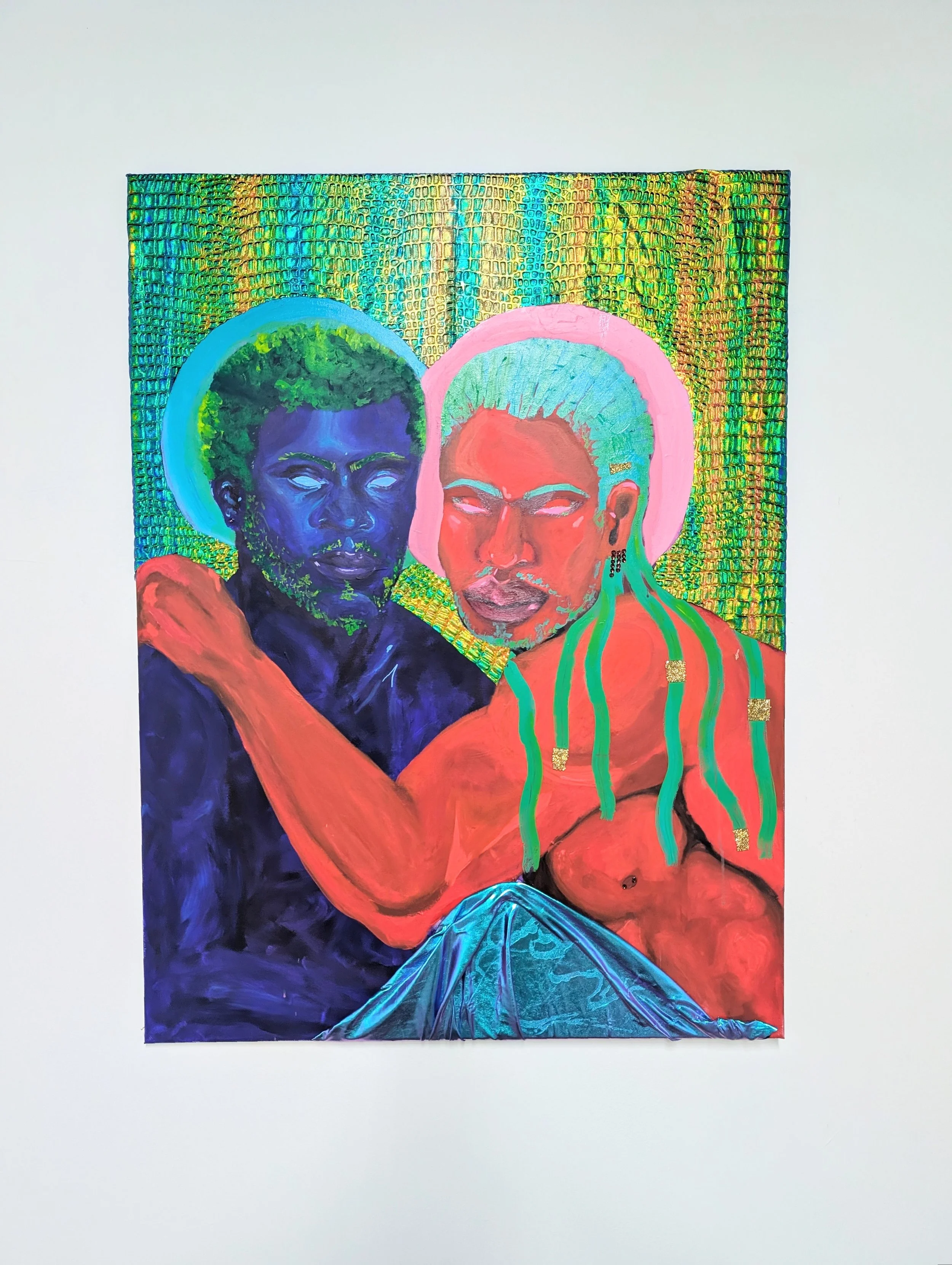 Embrace, Recharge, Realign ( A respit forsprites before returning to their sacred duty) 2025 acrylic, rhinestones, and fabric, on canvas