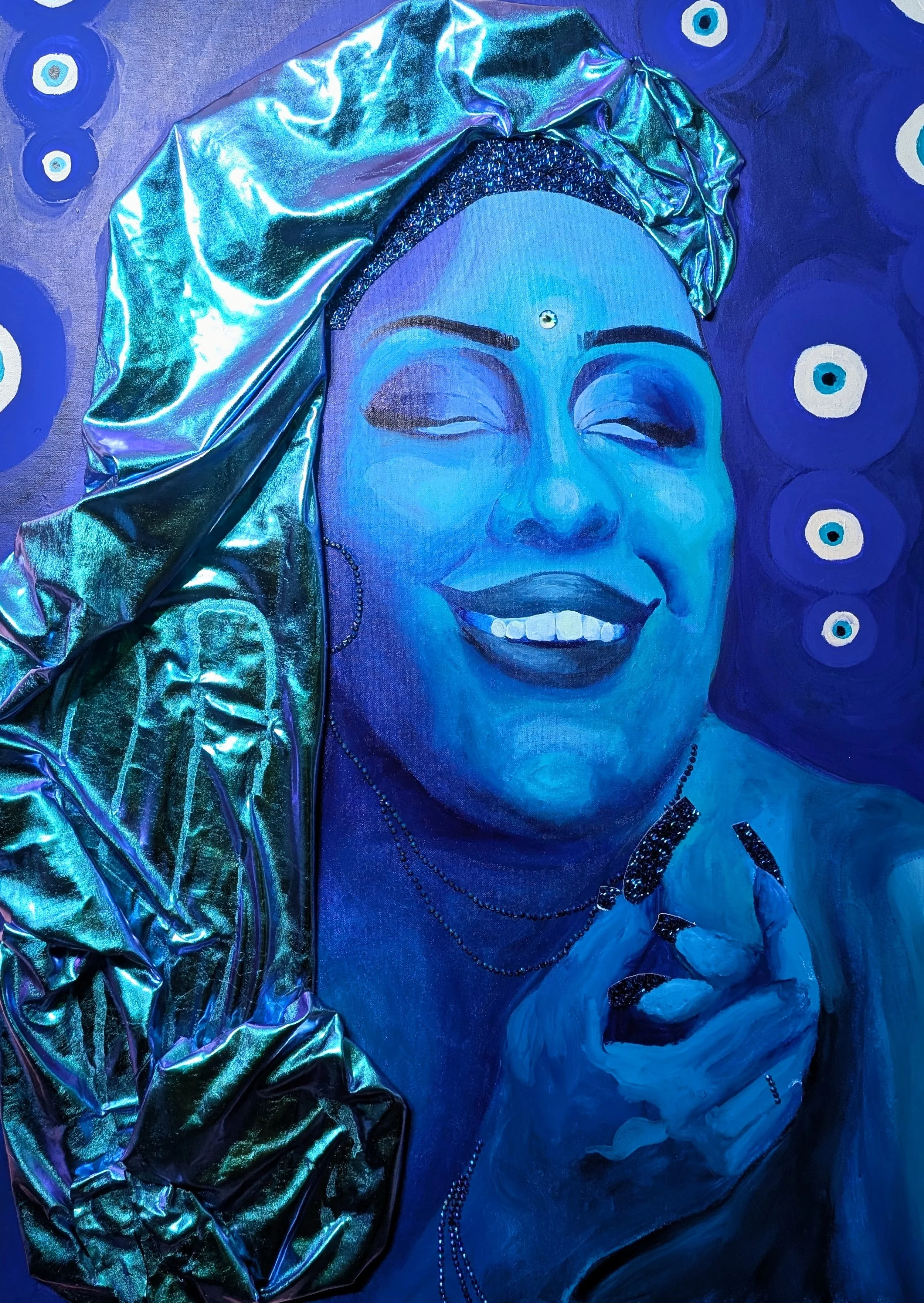It’s For Protection 2025 Acrylic, fabric, rhinestone, and colloage, on Canvas