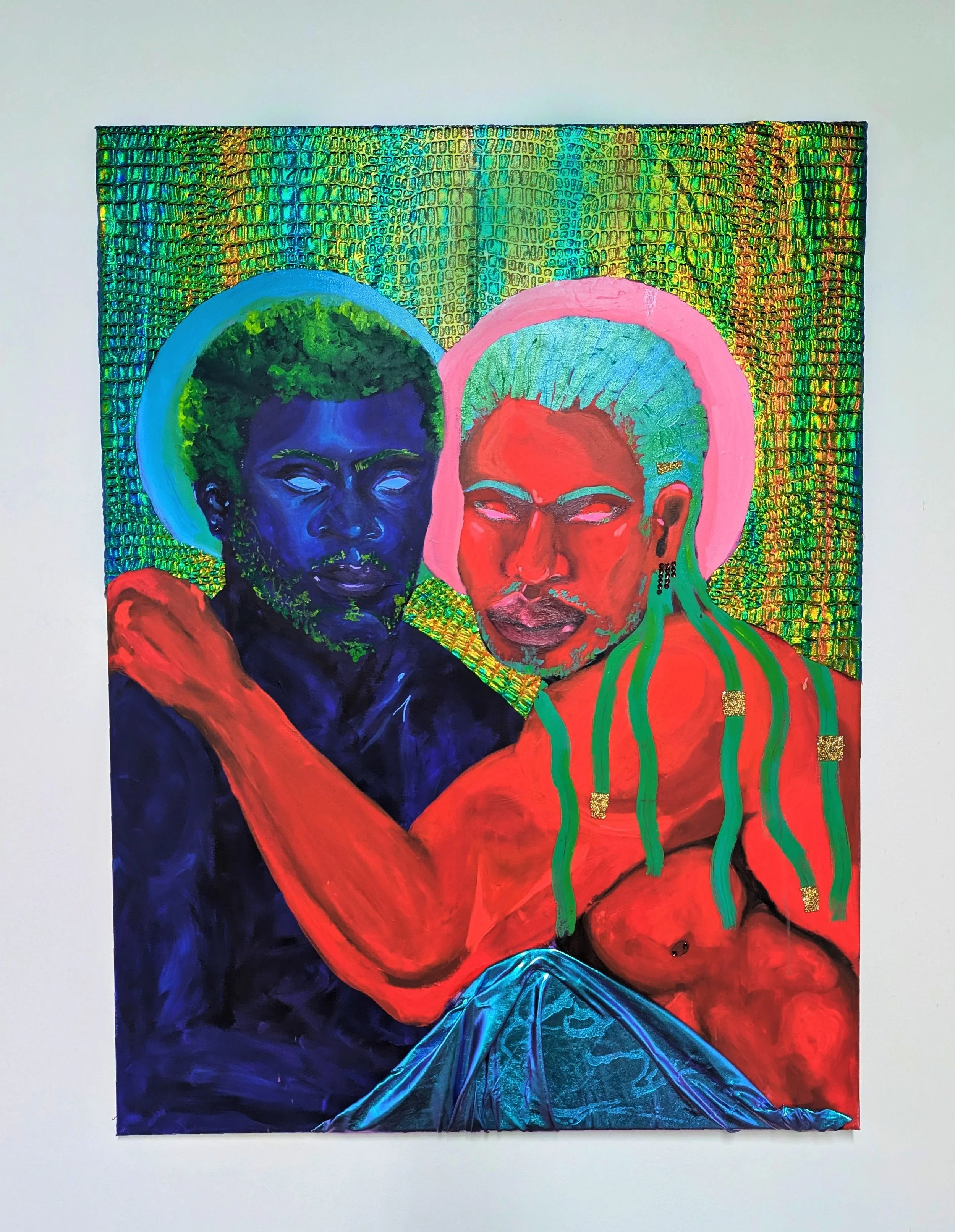 Embrace, Recharge, Realign ( A respit forsprites before returning to their sacred duty) 2025 acrylic, rhinestones, and fabric, on canvas