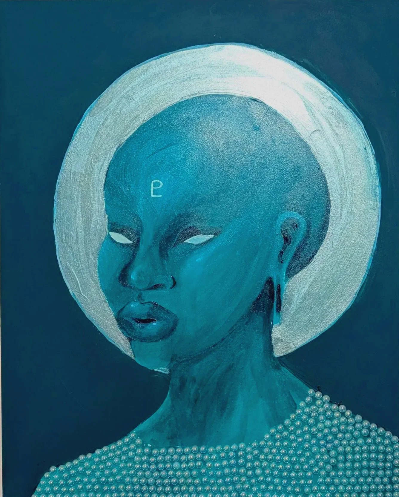   Priestess of the Gate, guardian of barries and boundaries   2024  Acrylic and Beads on wood panel 