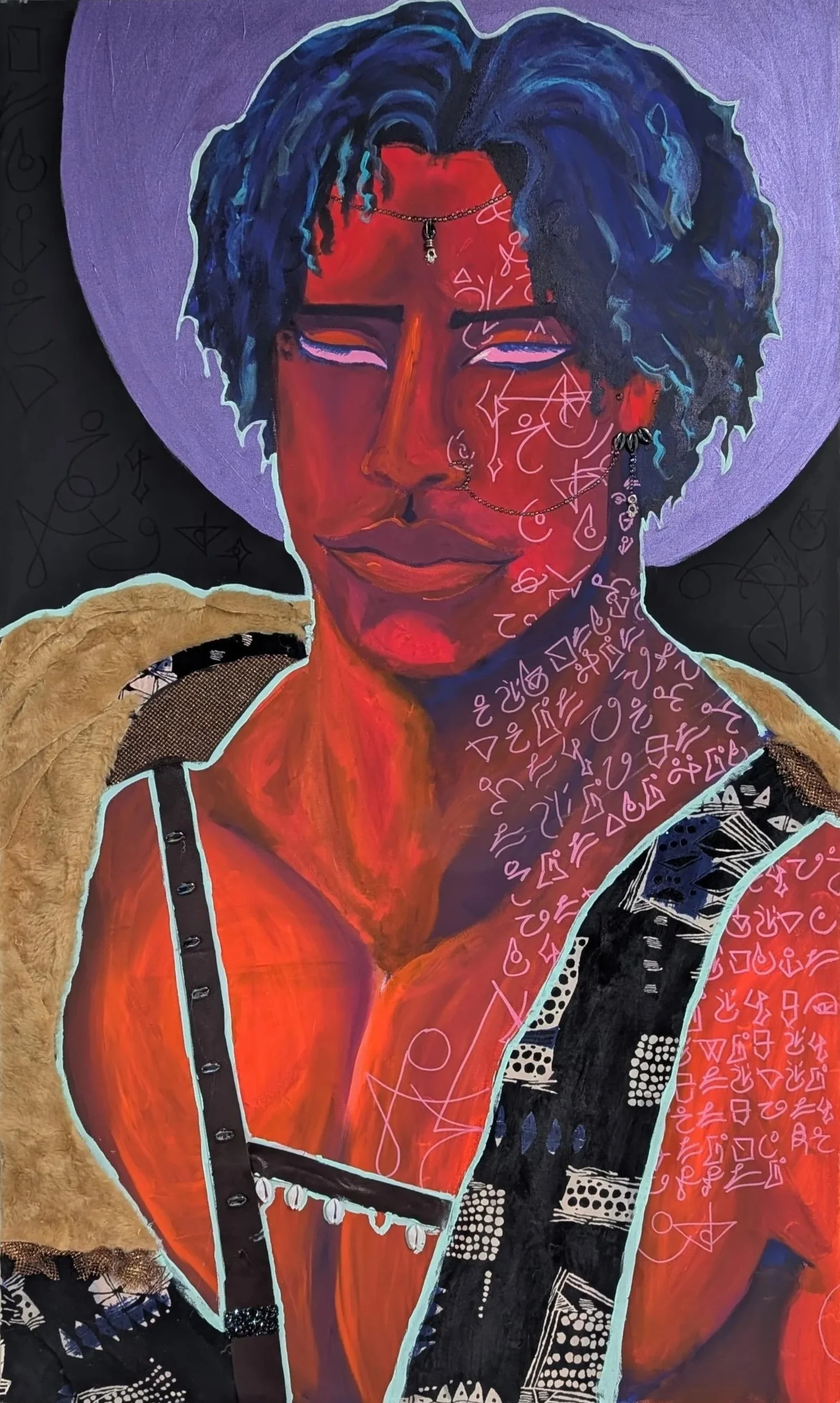   Leovic (The creations of a young queer in isolation seeking connection, intimacy, protection, and understanding)   2025  Acrylic, faux fur, fabric, beads, and rhinestones, on canvas 