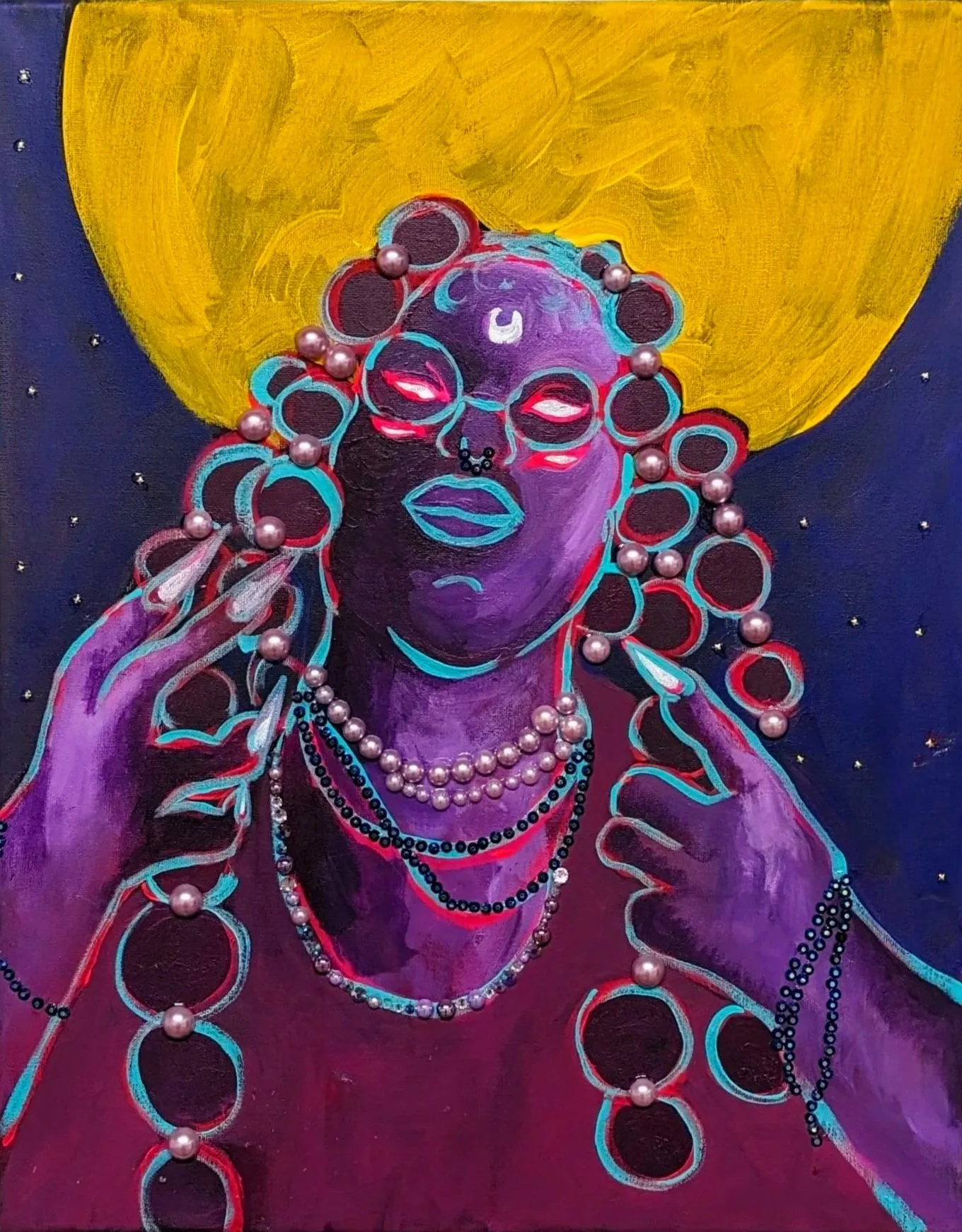   Self-Portrait Mantling The Weaver   2024  Acrylic and Rhinestone on Canvas 