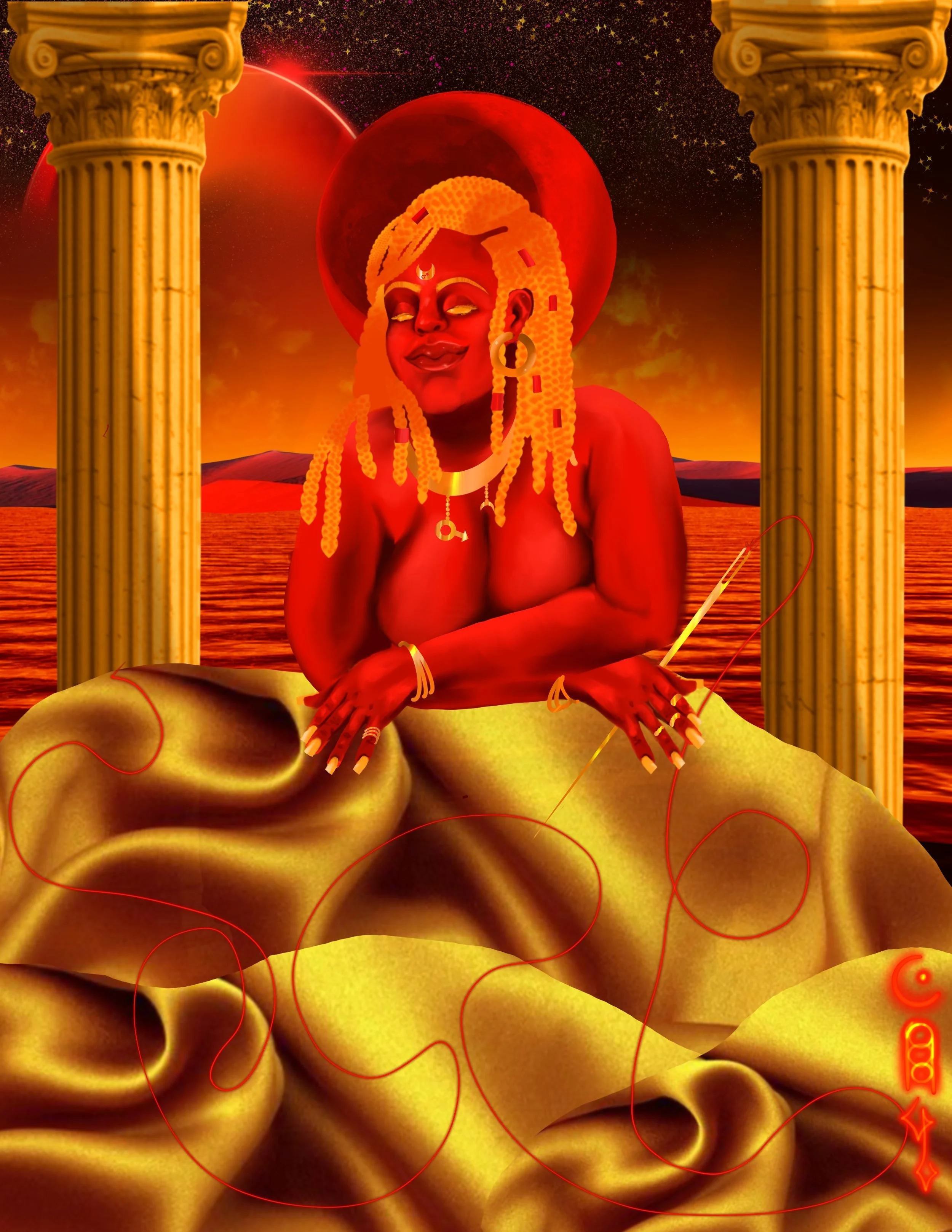   High Priestess of the Hous of Mars, follower of the Witch &amp; Weaver, Keeper of Legacy   2025  Digital Painting and Collage 