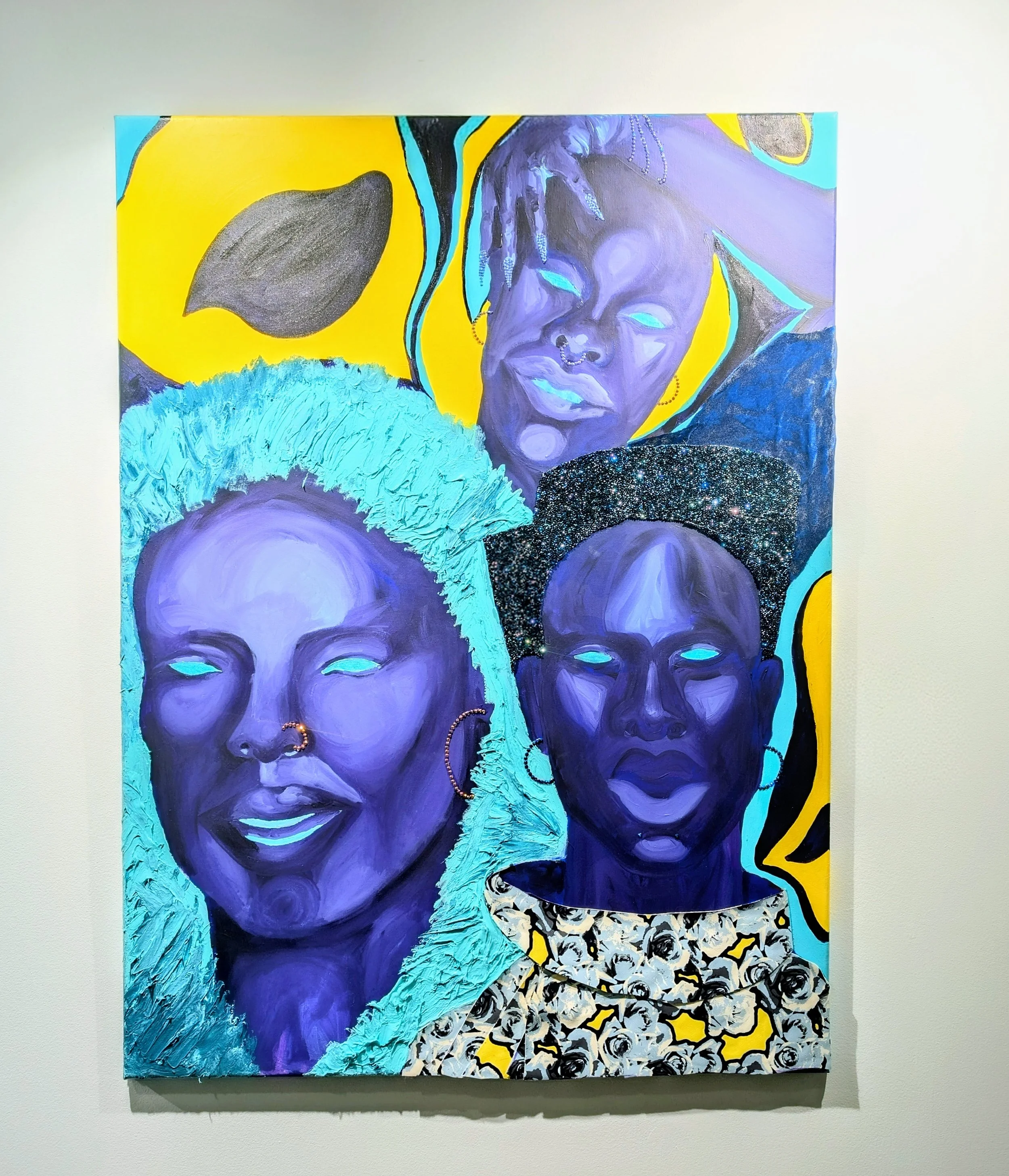   Preeninng: A prepatory ritual of seld love and adoration   2026  Acrylic, rhinestone, and fabric,on canvas 